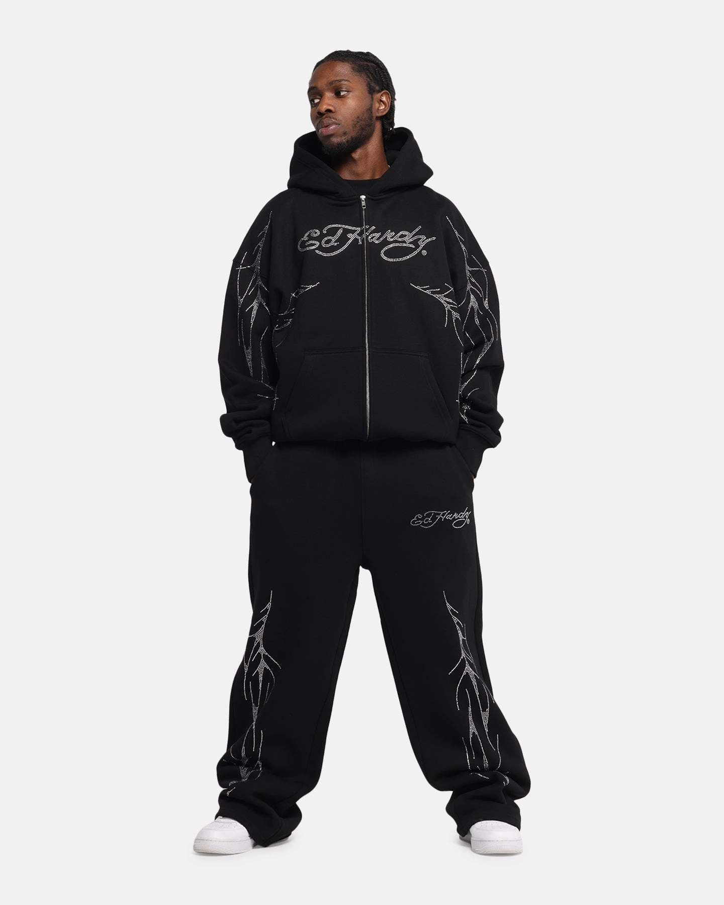 Ed Hardy Cyber Rhinestone Zip-Up Hoodie Black Double Stitched Construction second - hand