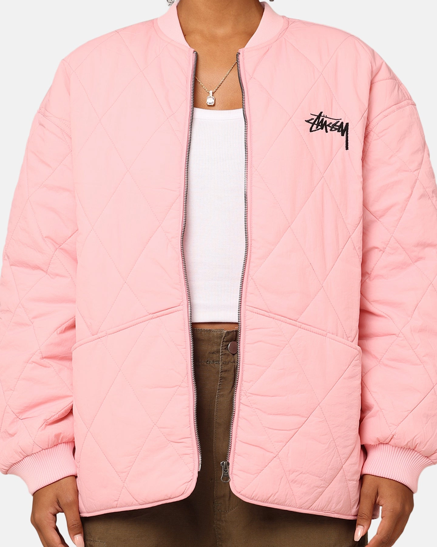 St??ssy Women's Stock Crown Quilted Jacket Pink New Year's Eve attire Service