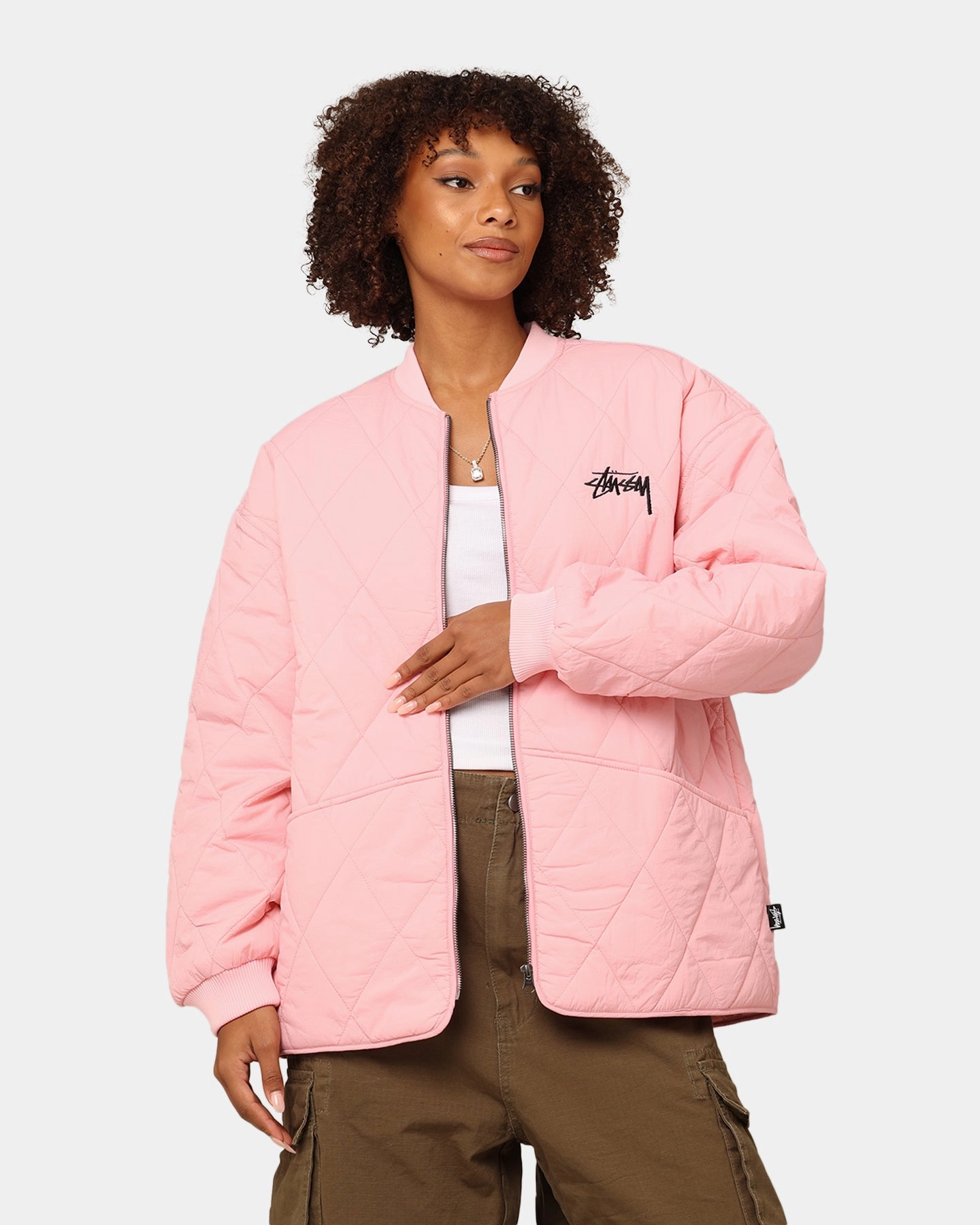 St??ssy Women's Stock Crown Quilted Jacket Pink vacation