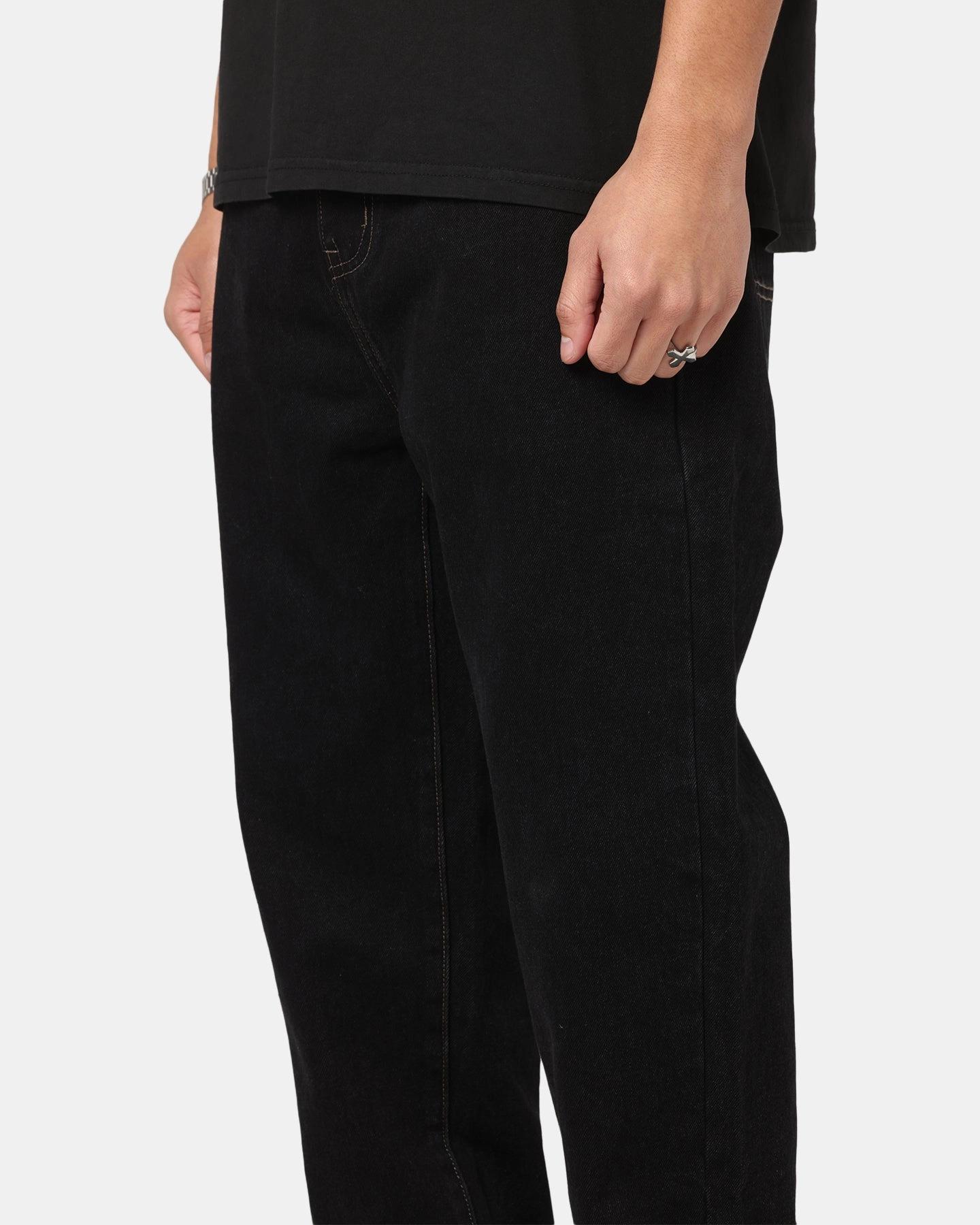 S Double Denim Standard Jeans Black Rinse Elegant Adult Fashion Cropped length
