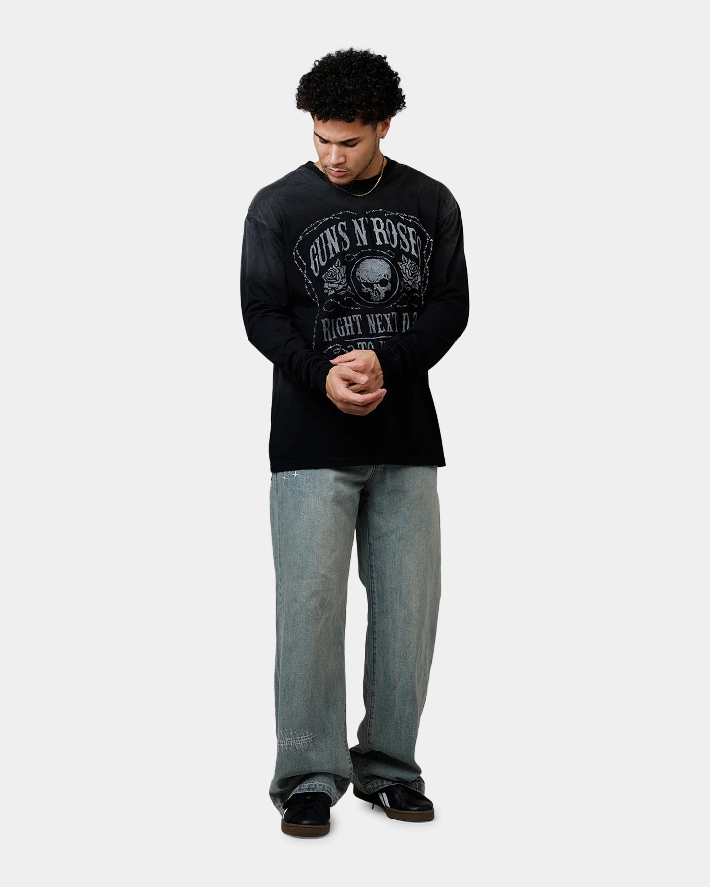 Smooth Neckline Guns N Roses Next Door To Hell Long Sleeve T-Shirt Washed Black