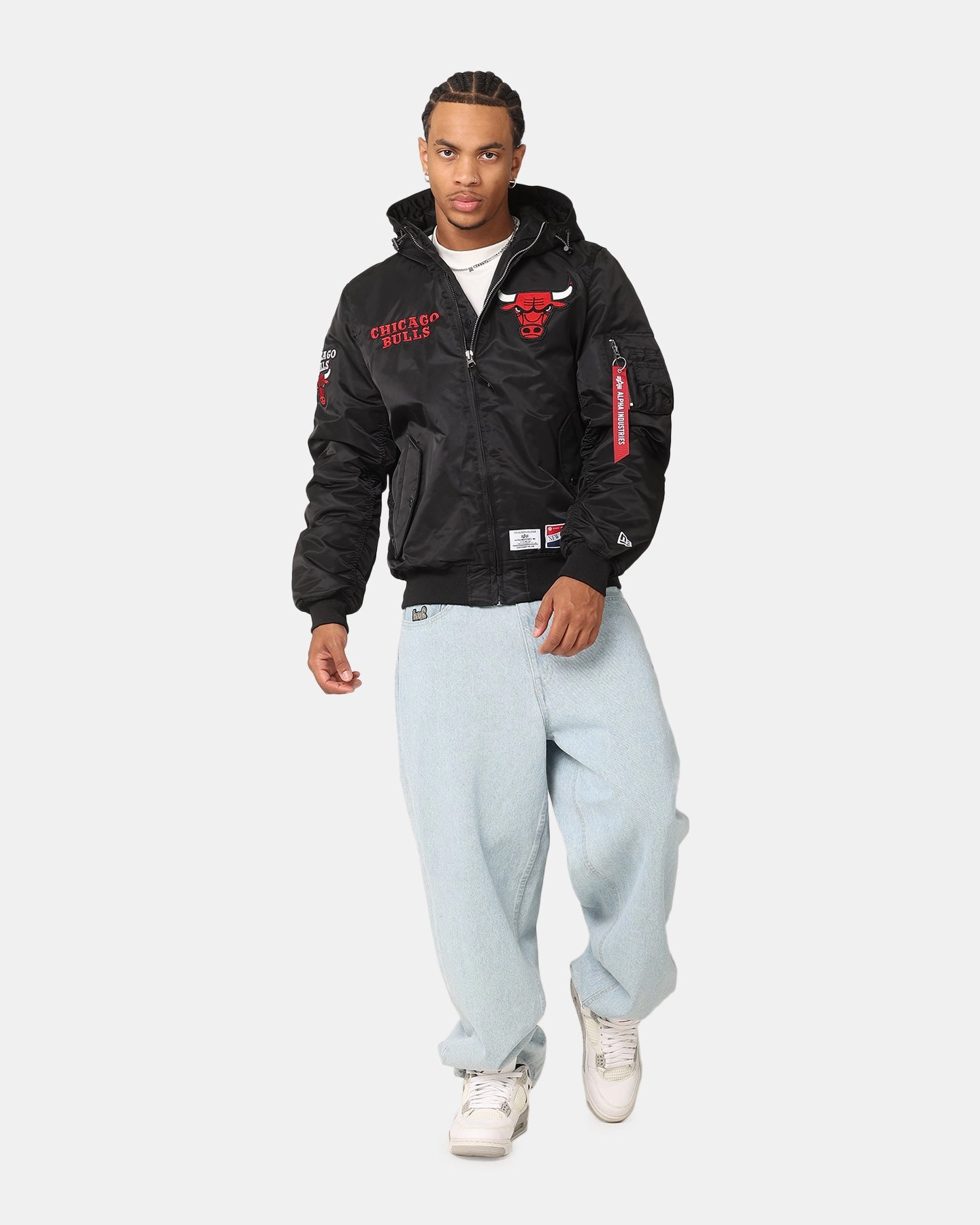 New Era Chicago Bulls Alpha Industries L-2B Hooded Bomber Jacket Black Winter Gear Perforated Details