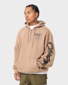Classic Style Weatherproof Zipper New Era Chicago Bulls Sleeve Script Hoodie Khaki/Black