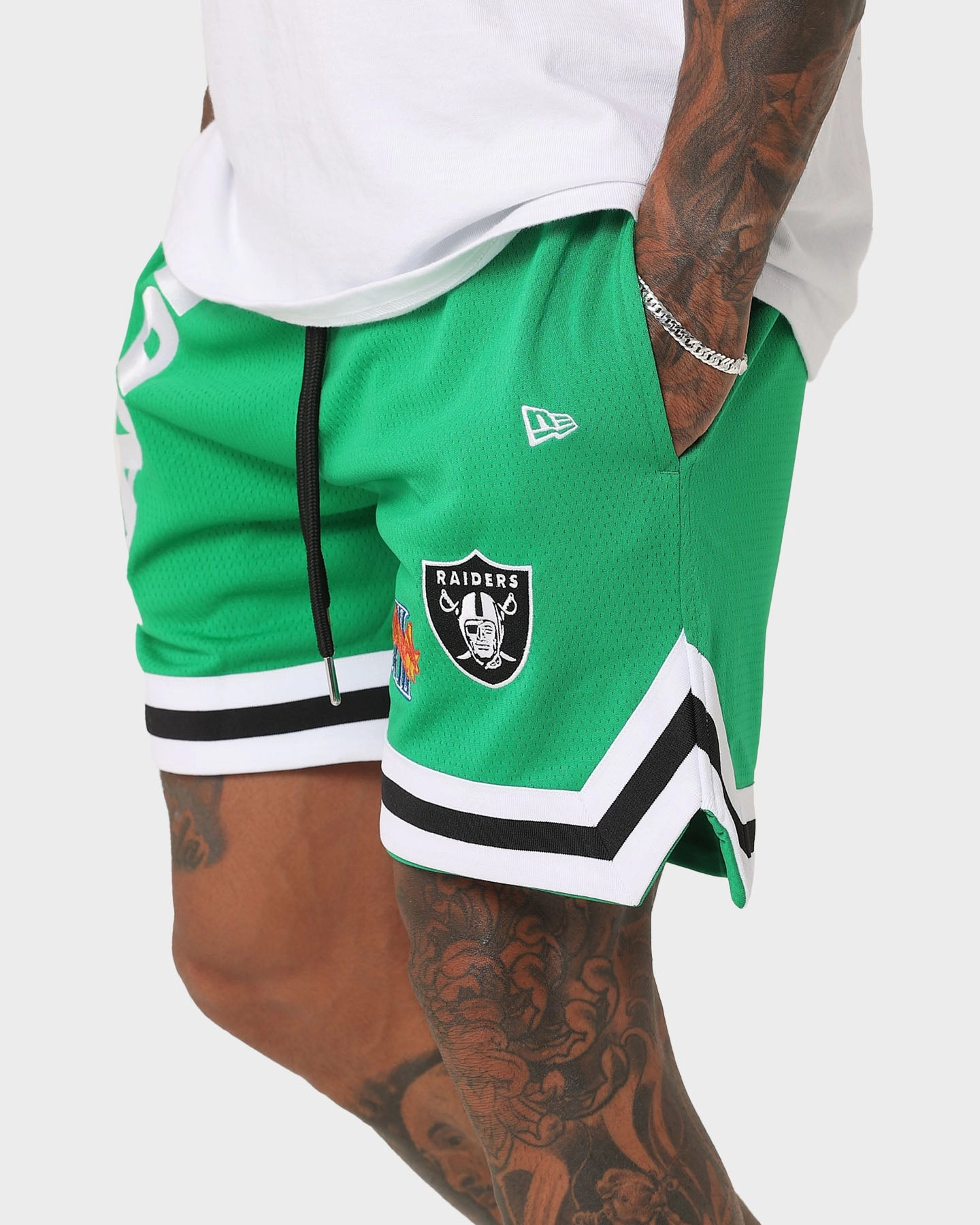 sustainable product Eco Friendly Dye New Era Las Vegas Raiders 'Tropical Punch Script Pack' Mesh Shorts Lucky Green