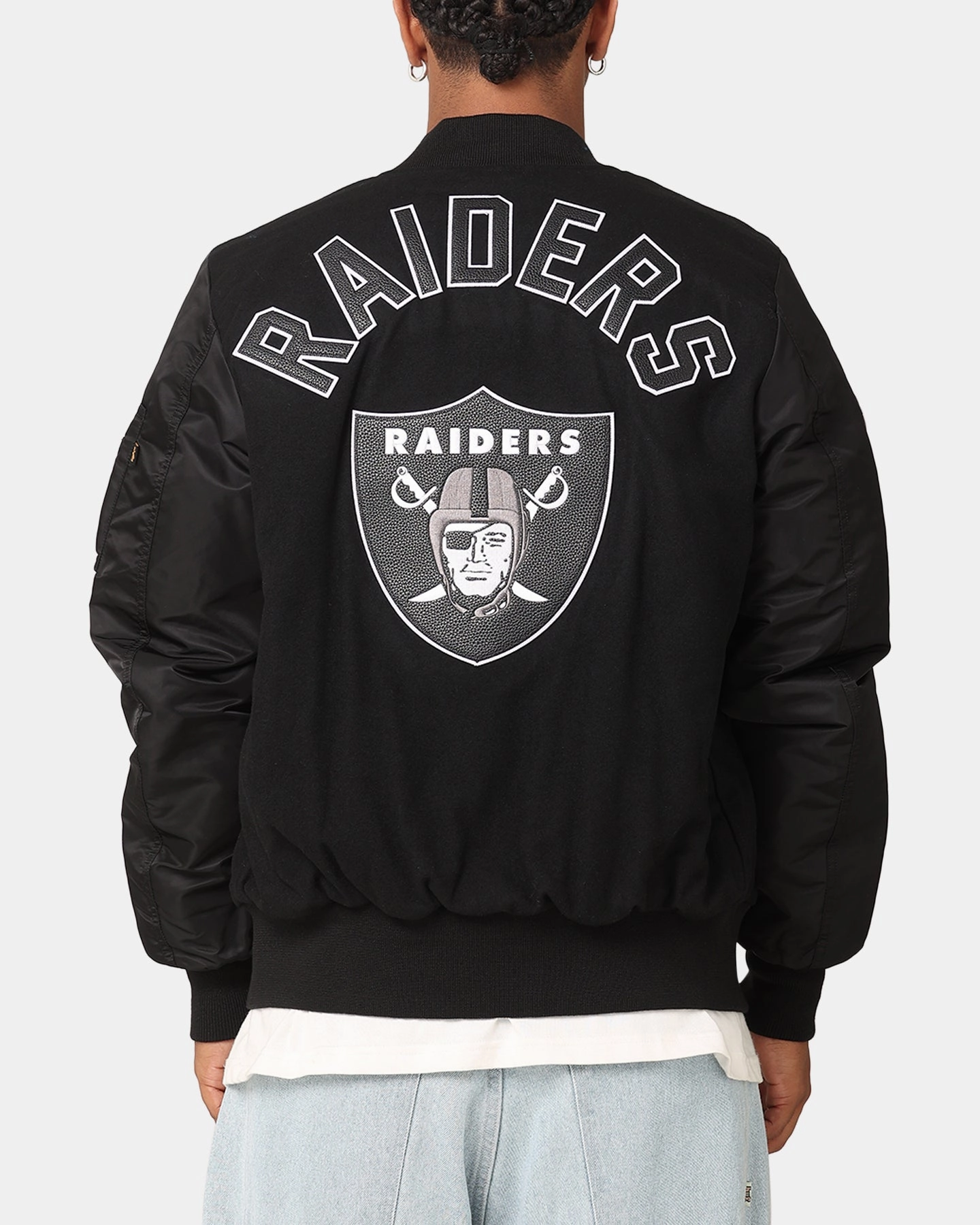 Stylish Insulation Oversized New Era Las Vegas Raiders Alpha Industries MA-1 Wool Varsity Jacket Black