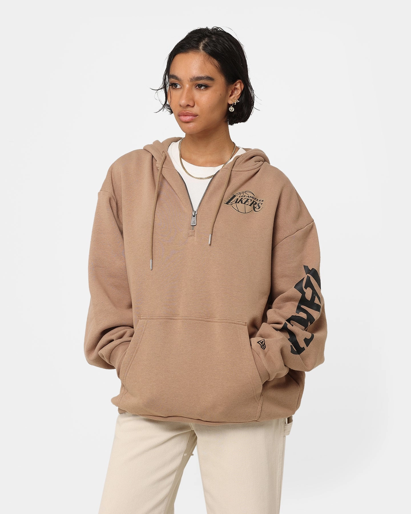 New Era Los Angeles Lakers Quarter Zip Sleeve Script Hoodie Khaki/Black Promise