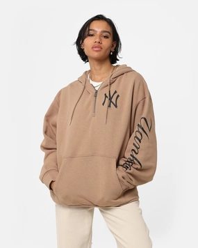 New Era New York Yankees Quarter Zip Sleeve Script Hoodie Khaki/Black Non Restrictive Mobility