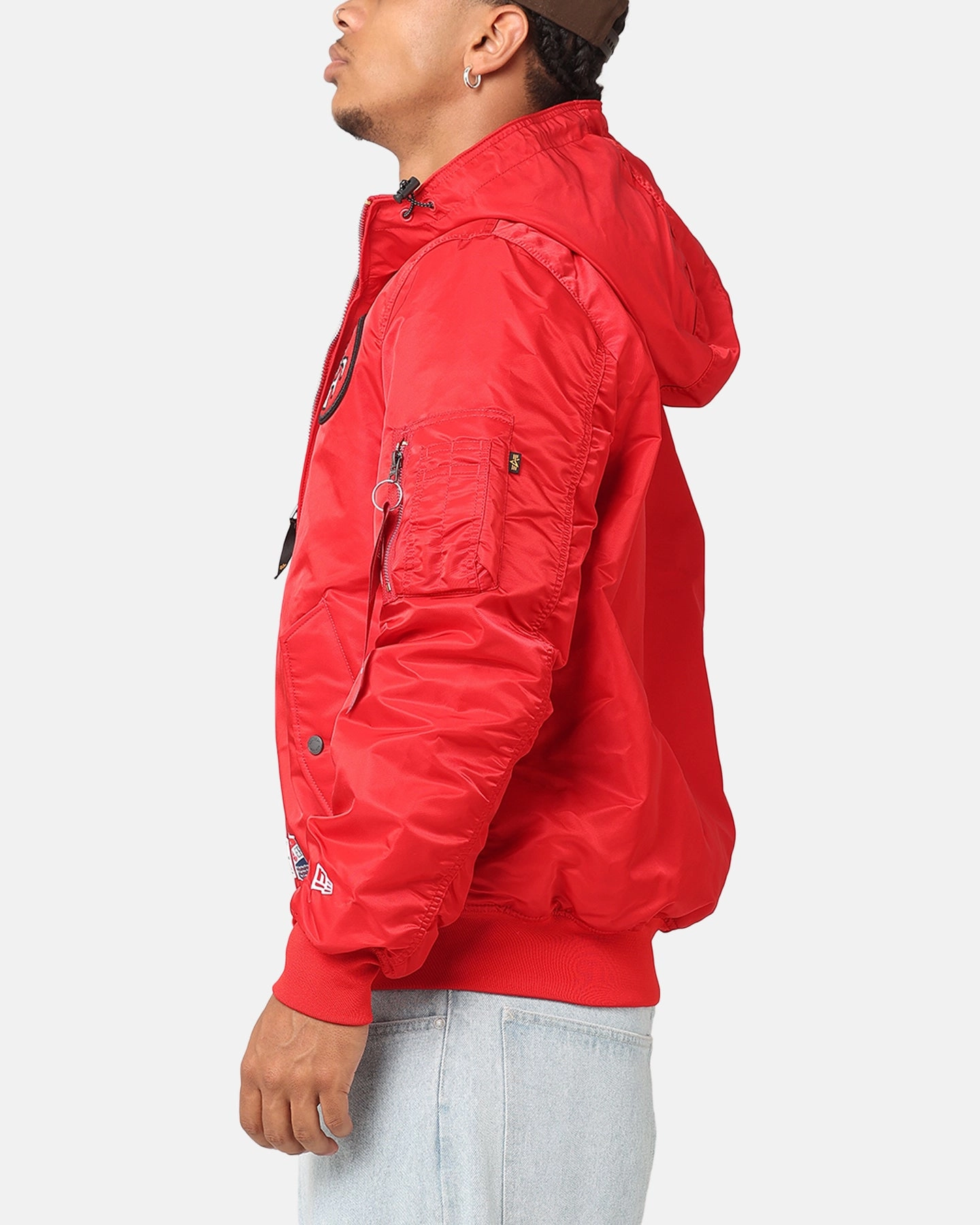 New Era San Francisco 49ers Alpha Industries L-2B Hooded Bomber Jacket Red Demonstrate