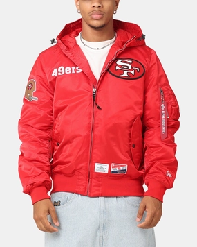 New Era San Francisco 49ers Alpha Industries L-2B Hooded Bomber Jacket Red High Collar Style