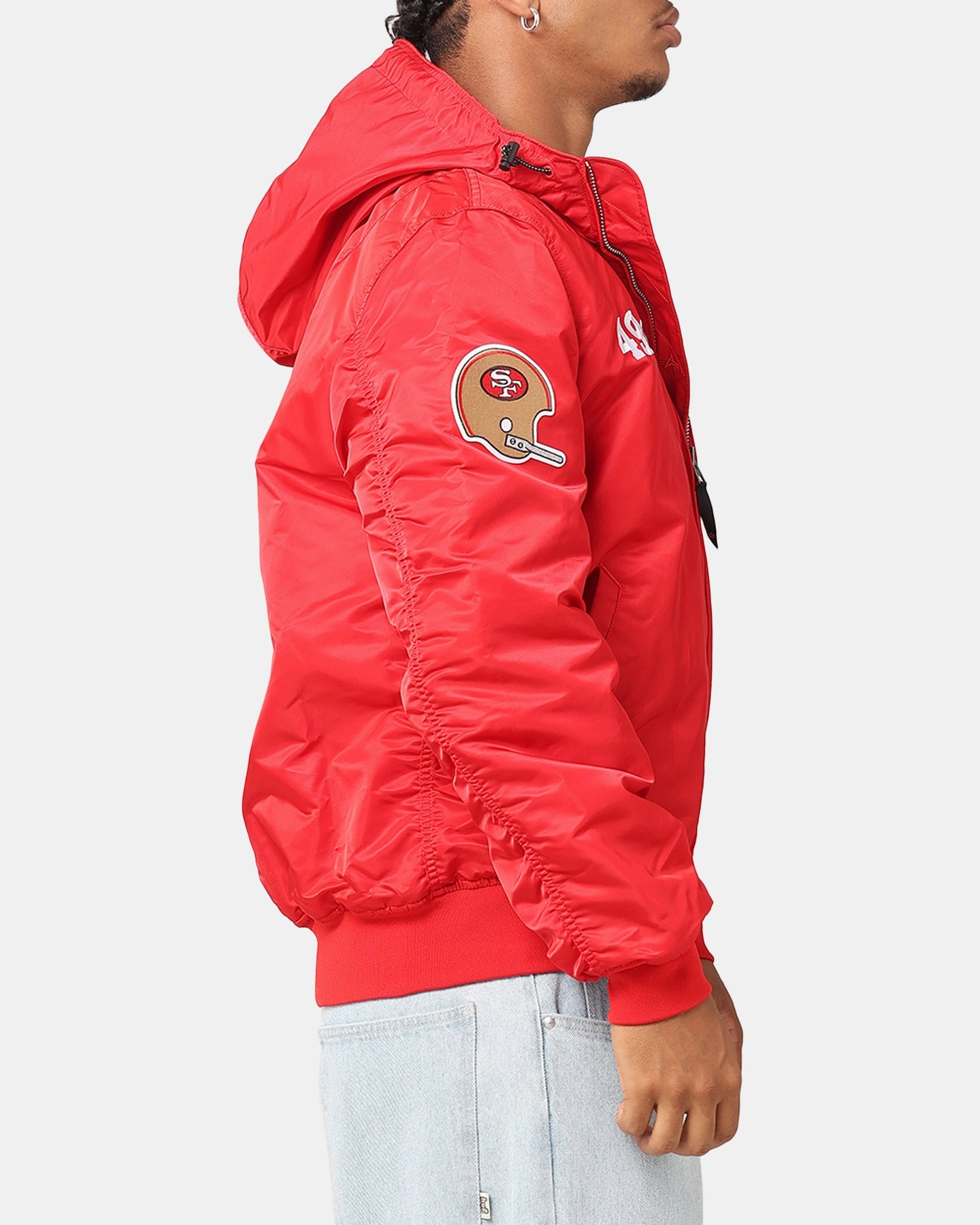 Noise Reducing Zippers New Era San Francisco 49ers Alpha Industries L-2B Hooded Bomber Jacket Red
