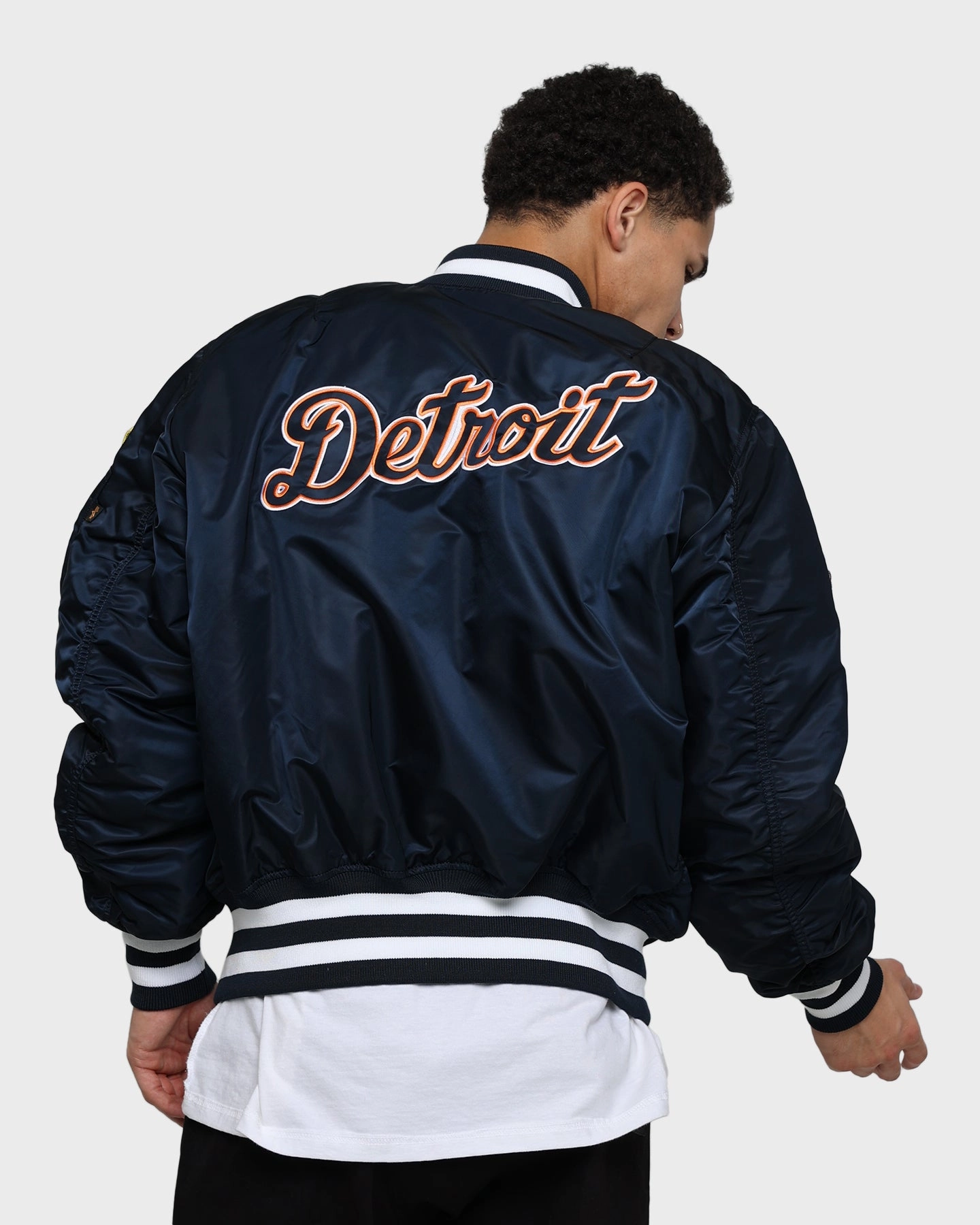 New Era X Alpha Series X NFL Detroit Tigers MA-1 Bomber Jacket Blue Easter Four Way Stretch Material