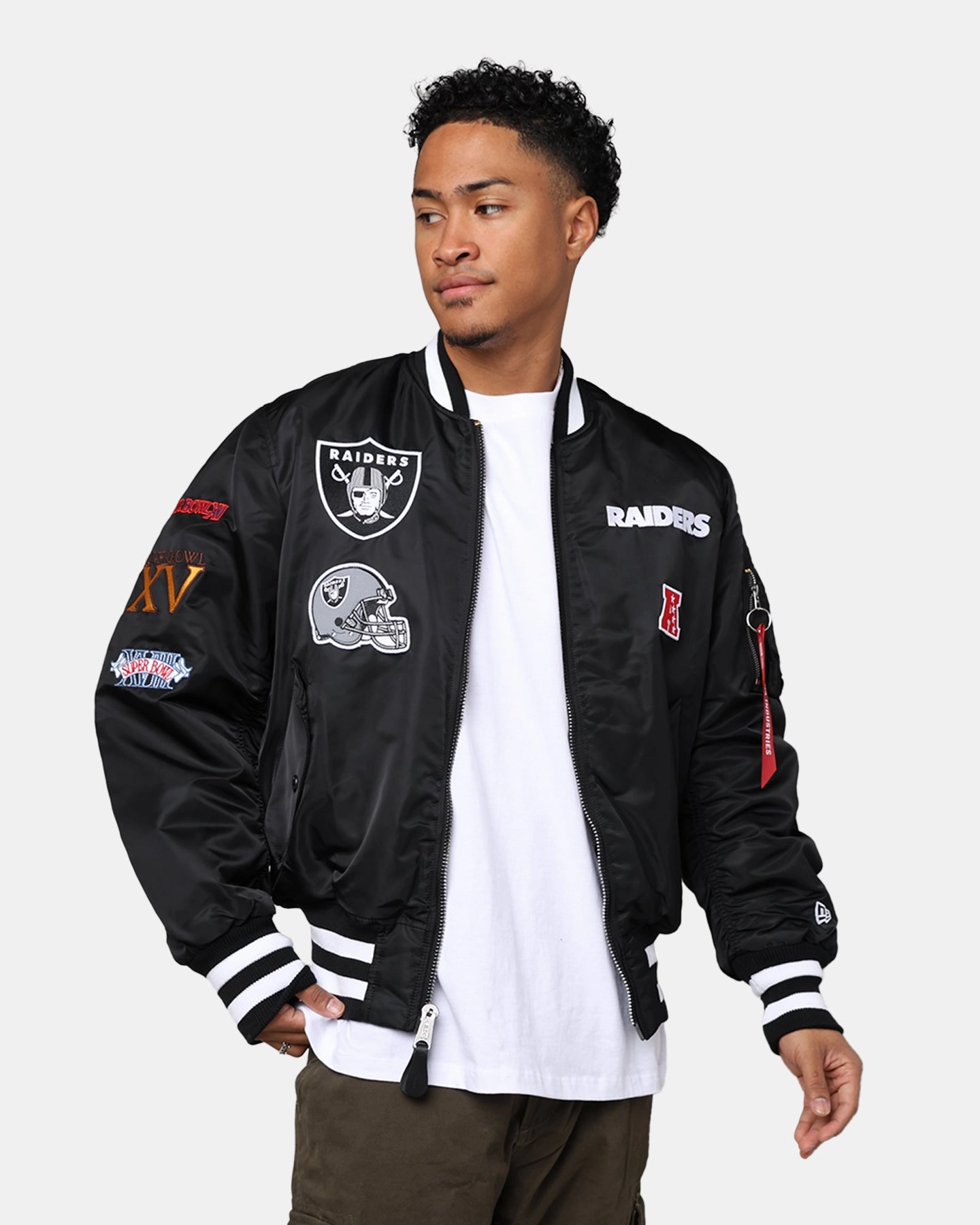 New Era X Alpha Series X NFL Las Vegas Raiders MA-1 Bomber Jacket Black Multipanel Construction shopping spree