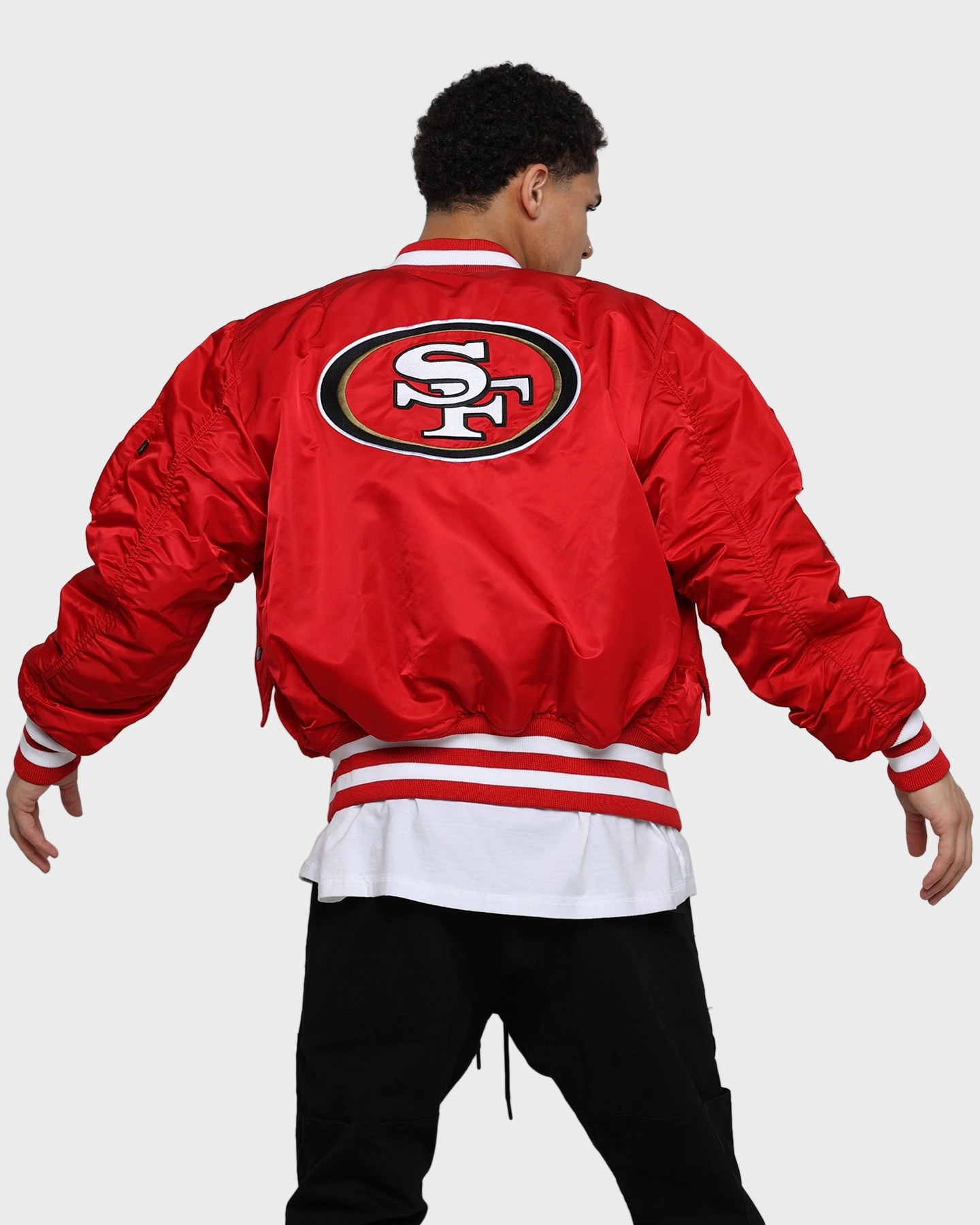 New Era X Alpha Series X NFL San Francisco 49ers MA-1 Bomber Jacket Red Expandable Sleeve Cuffs