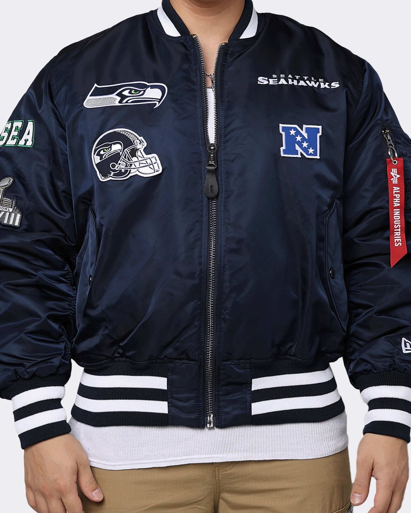 New Era X Alpha Series X NFL Seattle Seahawks MA-1 Bomber Jacket Navy/Black Detachable Collar business people