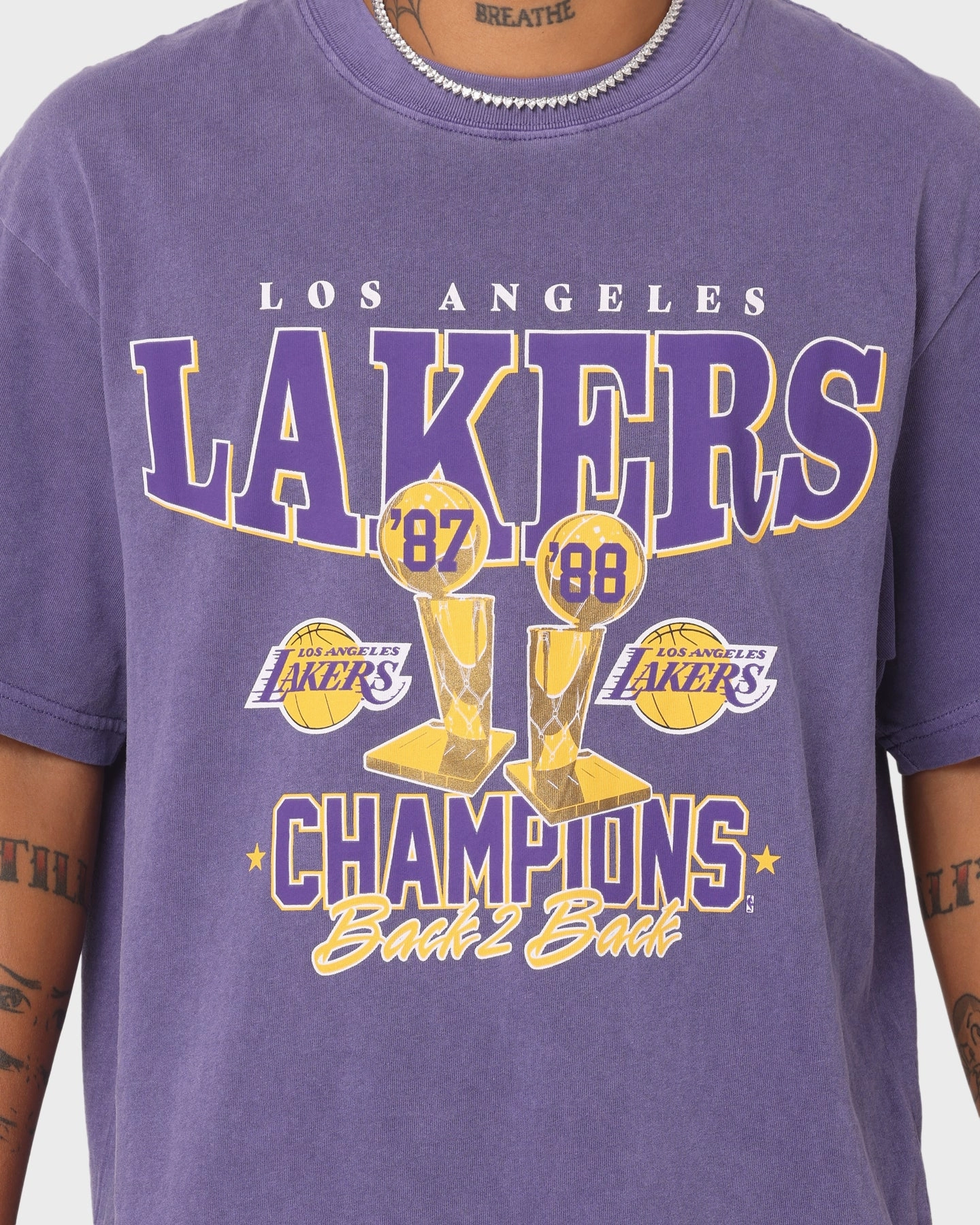 Vegan Sporty Style Wear Mitchell & Ness Los Angeles Lakers Vintage Champs Trophy T-Shirt Faded Purple