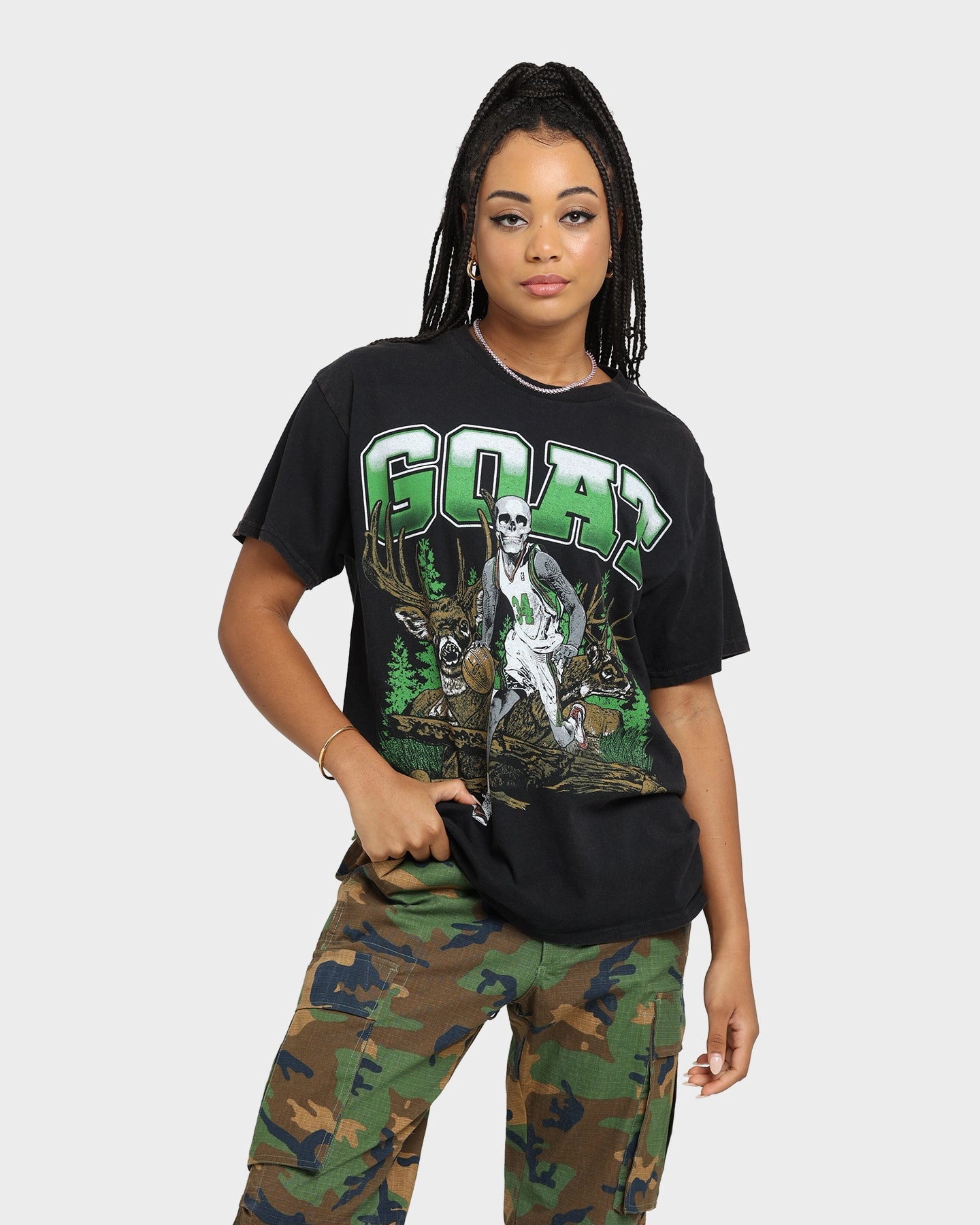 Low Impact Processing Goat Crew Buck Hunter Vintage T-Shirt Black Wash