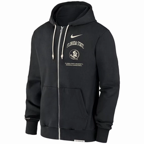 Nike Men's Florida State Seminole Logo/Florida State University Basketball Team Issue Dri-fit Full-zip Travel Fleece Hood - Black Recycled Polyester Mix High-Quality Stitching
