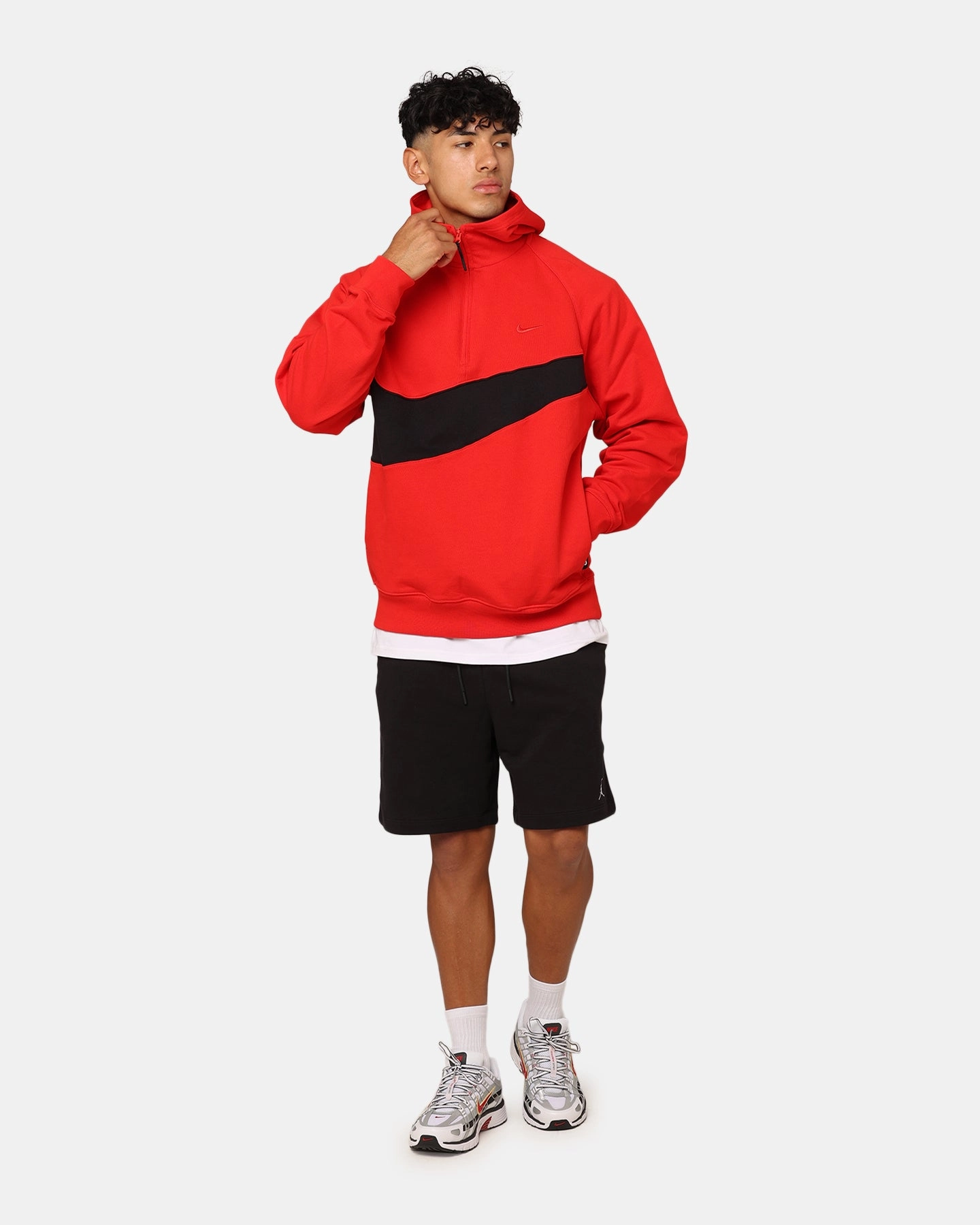 Nike Swoosh Fleece Half-Zip Hoodie University Red Stretch Knit Fabric