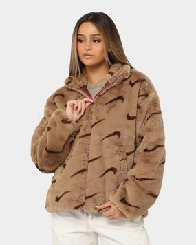 Stylish Design Collapsible Hood Structure Nike Women's Nike Sportswear Faux Fur All Over Print Dark Driftwood