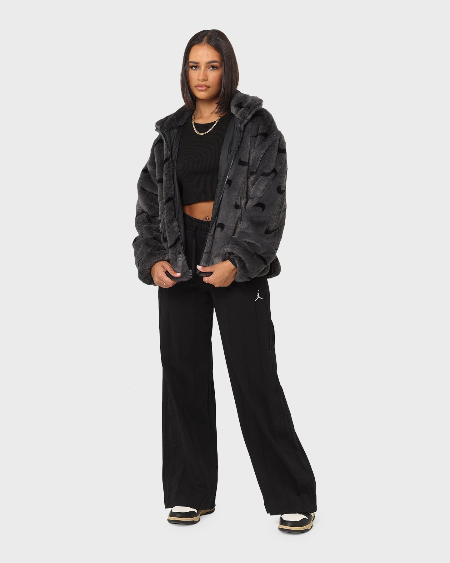 Infatuation Modern Outerwear Nike Women's Nike Sportswear Faux Fur All Over Print Jacket Dark Smoke Grey/Black