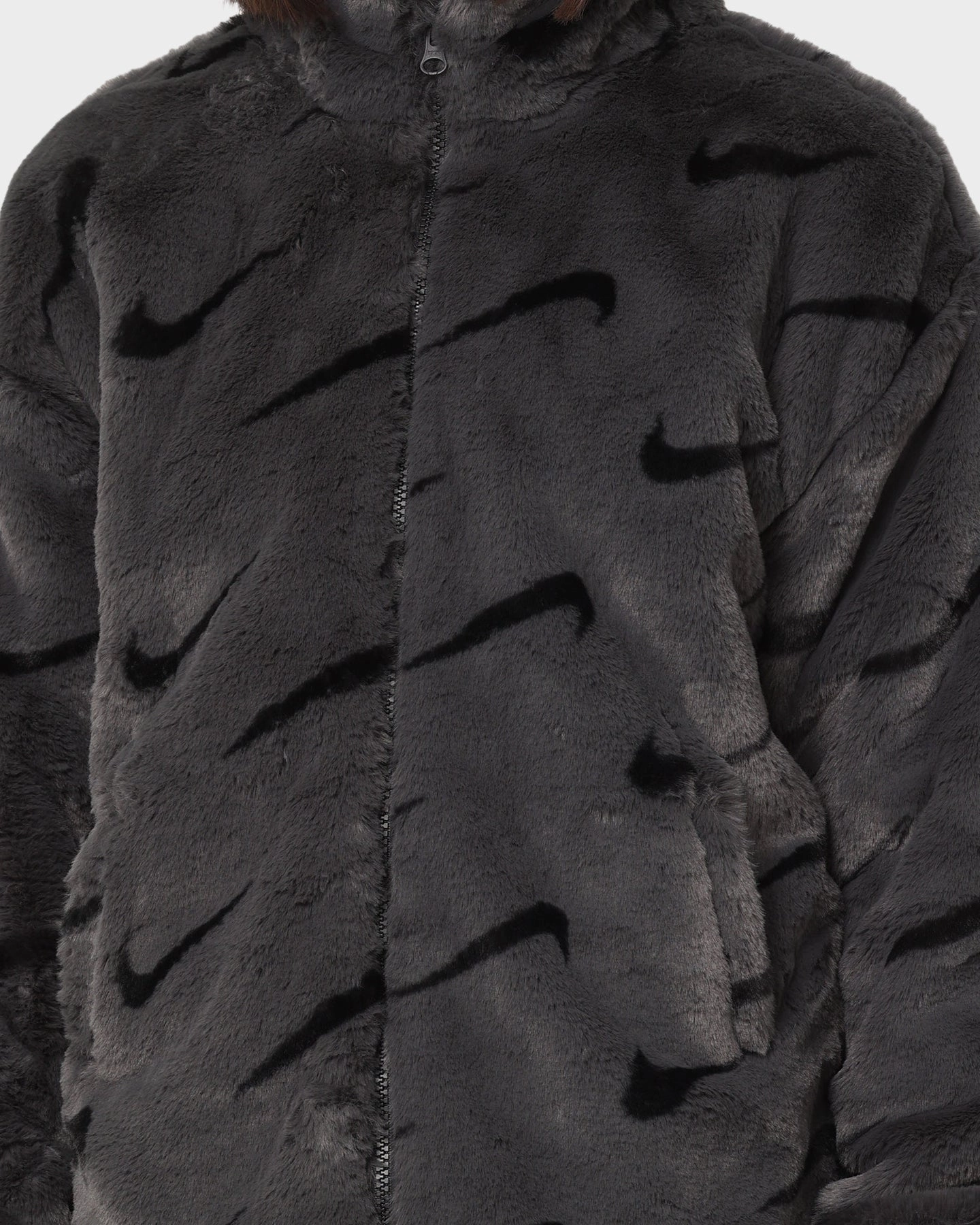 popular among fashionistas Aim Nike Women's Nike Sportswear Faux Fur All Over Print Jacket Dark Smoke Grey/Black