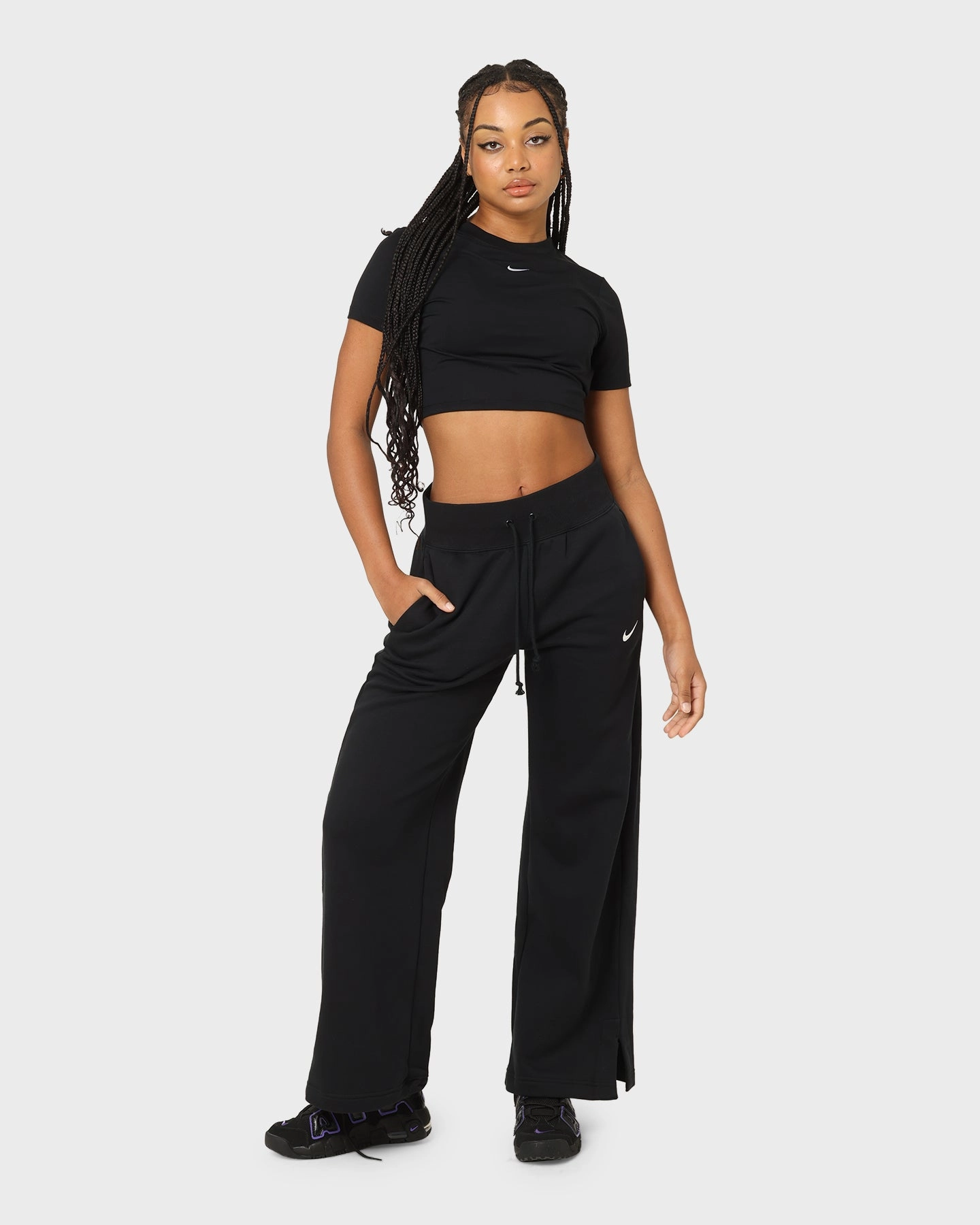 Nike Women's Sportswear Phoenix Fleece High Waisted Wide Leg Sweat Pants Black/Sail Slim Stretch Stain Repellent Coating
