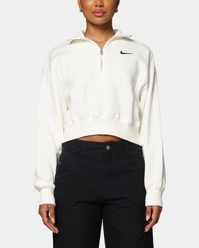 Nike Women's Sportswear Style Phoenix Fleece Cropped Half Zip Sweatshirt Sail/Black Elasticized Edging