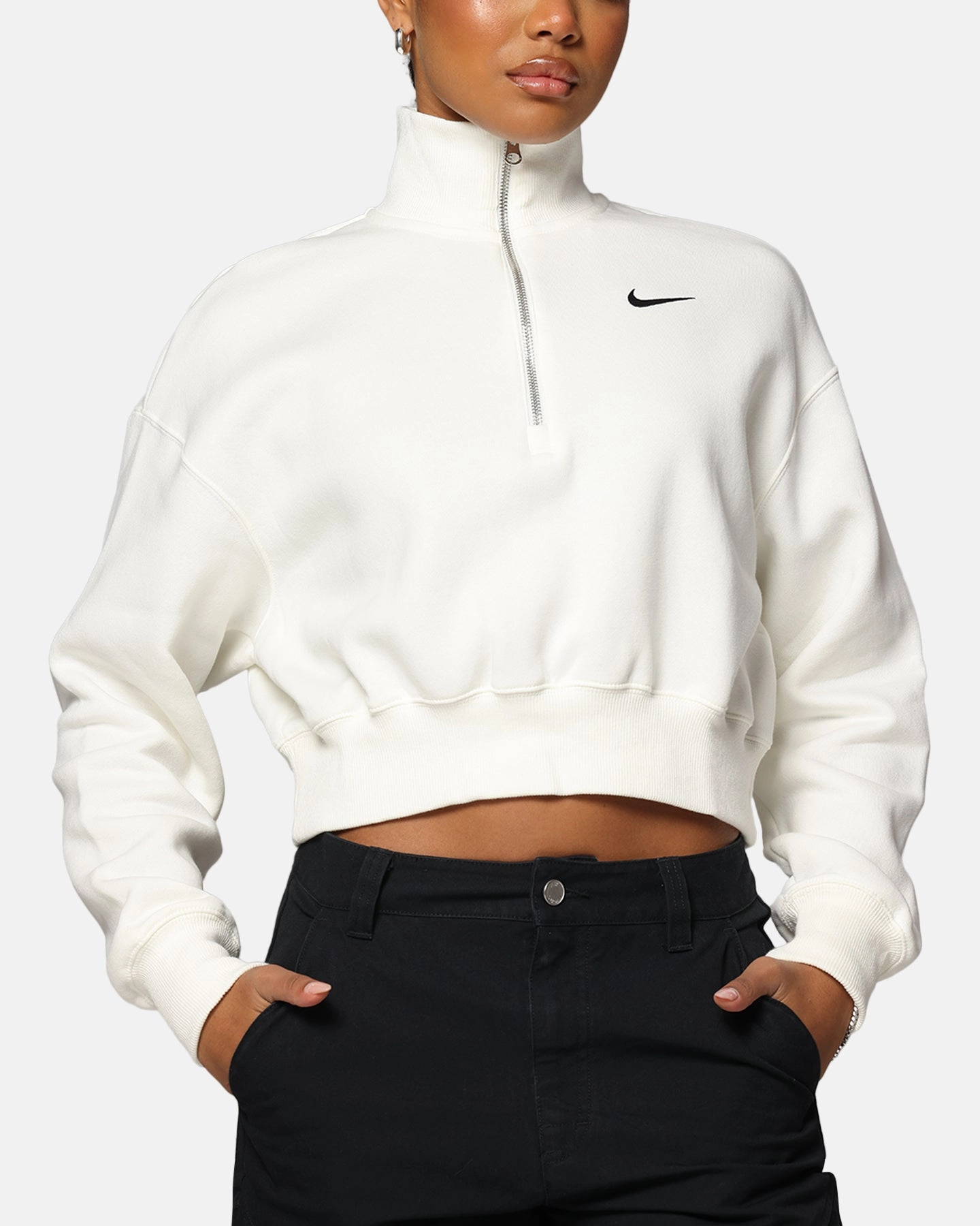Compression Resistant Insulation Contemporary Fit Nike Women's Sportswear Style Phoenix Fleece Cropped Half Zip Sweatshirt Sail/Black