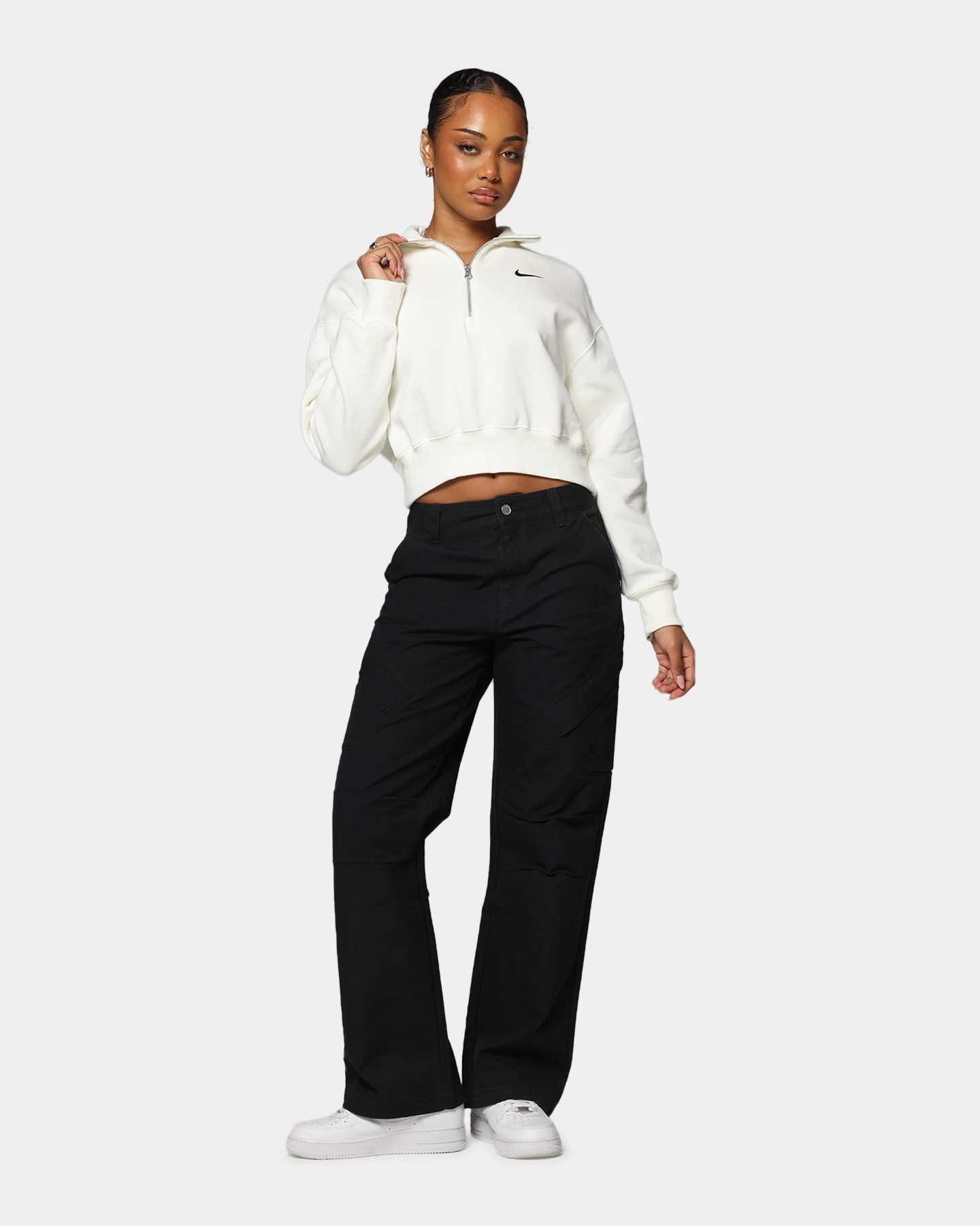 Nike Women's Sportswear Style Phoenix Fleece Cropped Half Zip Sweatshirt Sail/Black Eco Certified Textile Daily Commute Wear