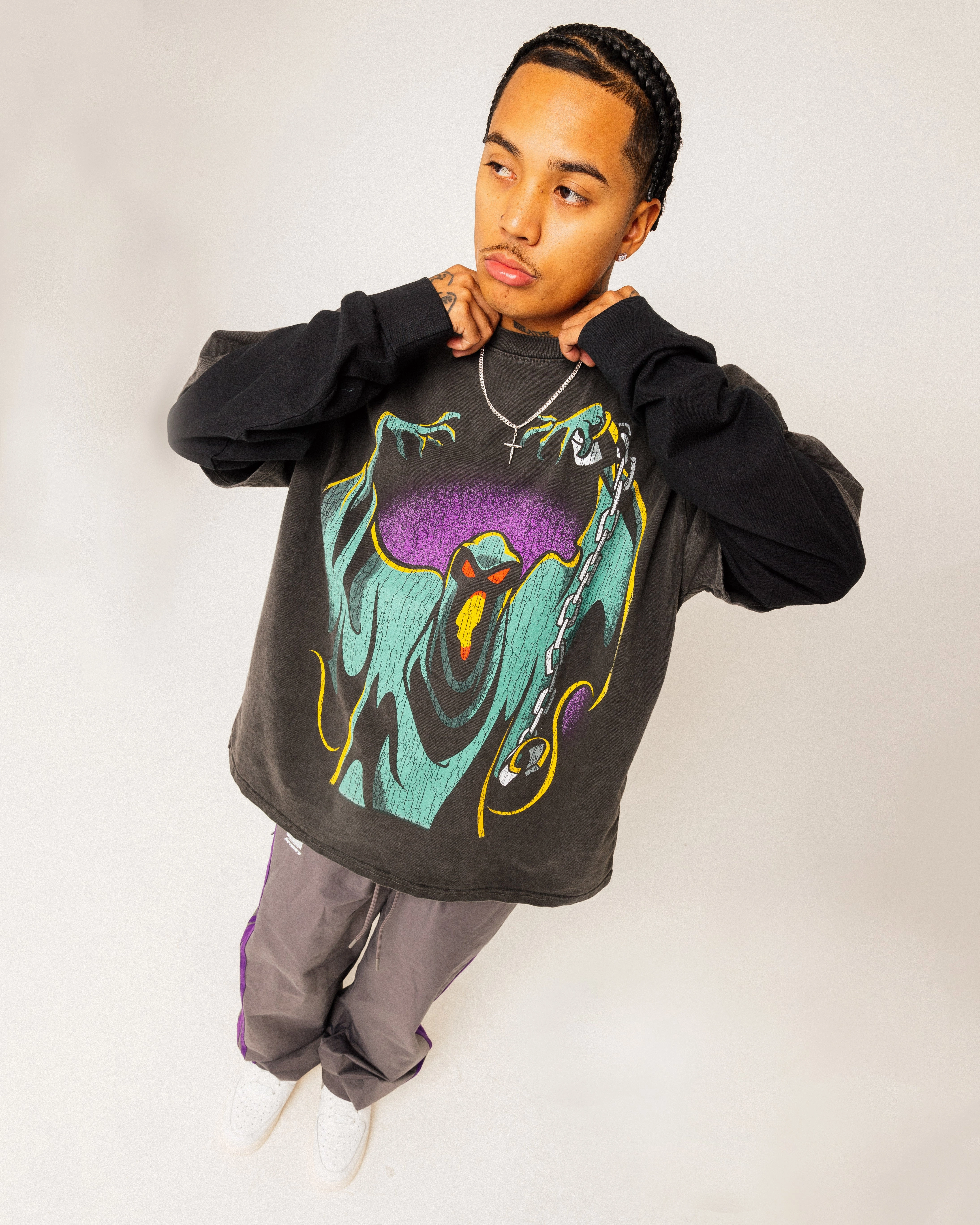 Goat Crew X Cartoon Network Green Ghost Heavyweight Vintage T-Shirt Black Wash Ribbed Collar Trim