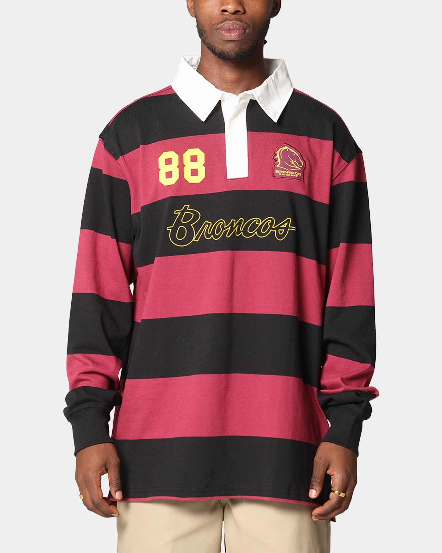 Bleacher Athletic Brisbane Broncos NRL Stripe Rugby Polo Shirt Official Team Colour Tagless Collar Summer Outing