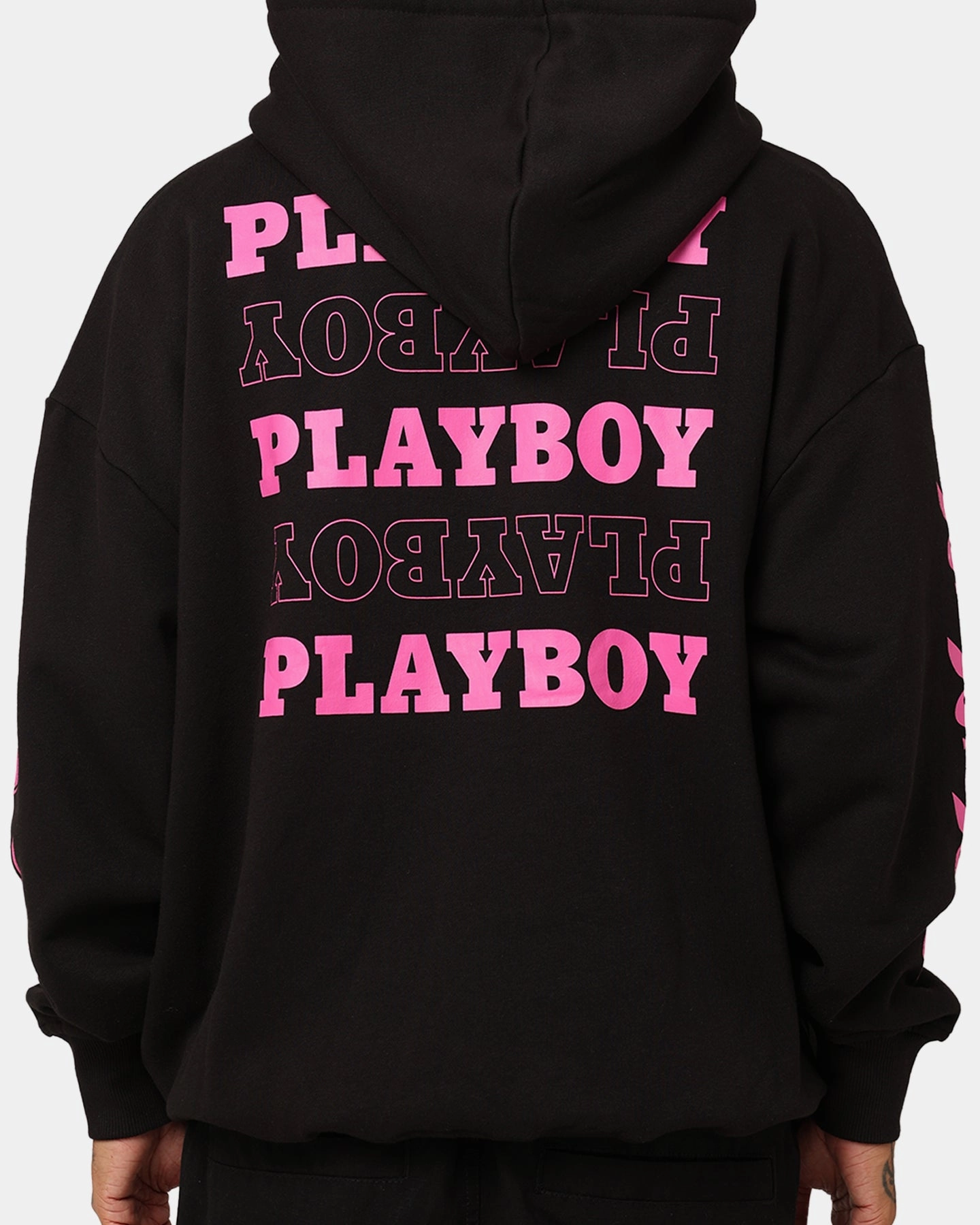 Playboy Side Bunny Stack Hoodie Black Abrasion Resistant Material Secure Zip Pockets