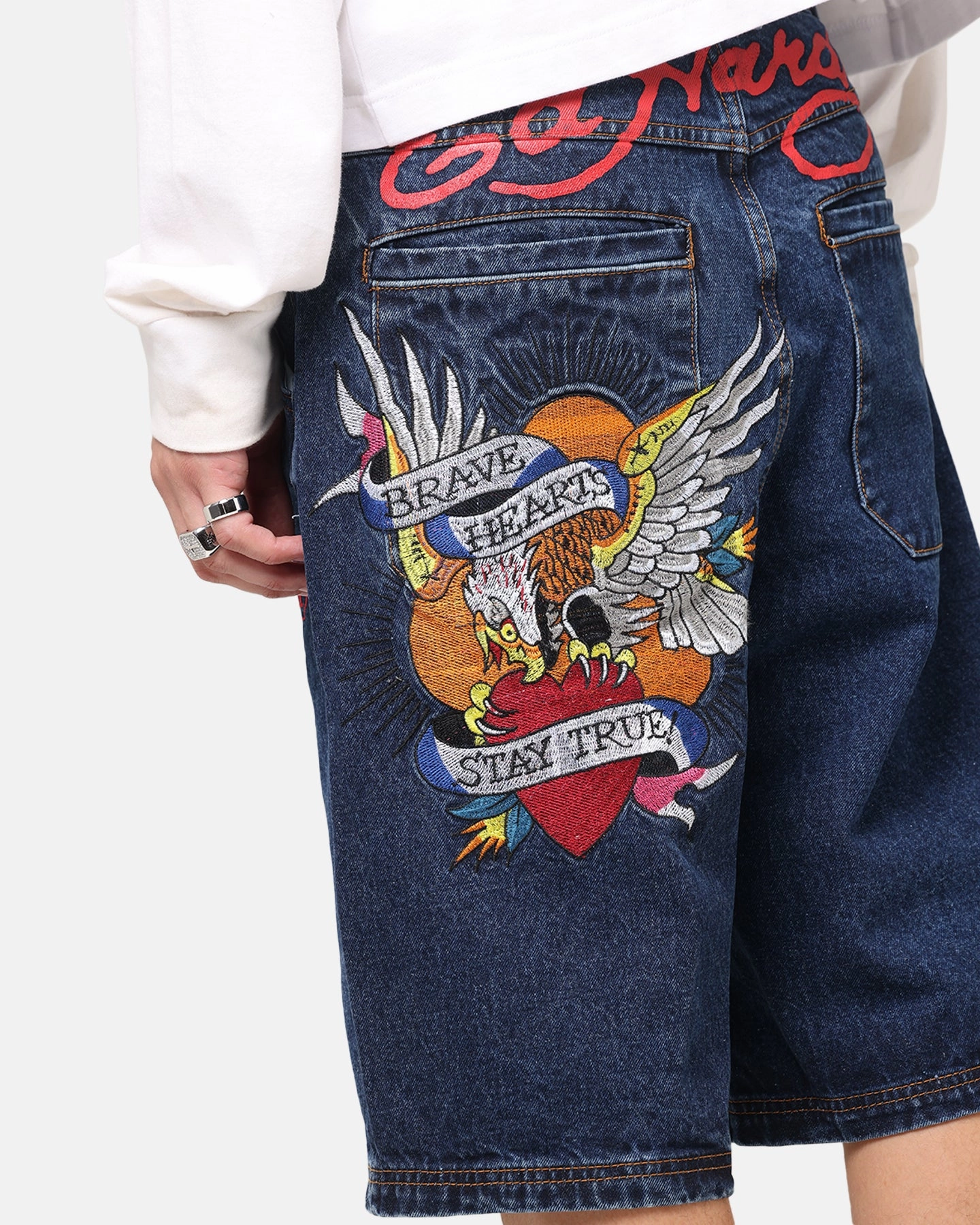 Casual Outfit present for her Ed Hardy Brave Hearts Jorts Indigo