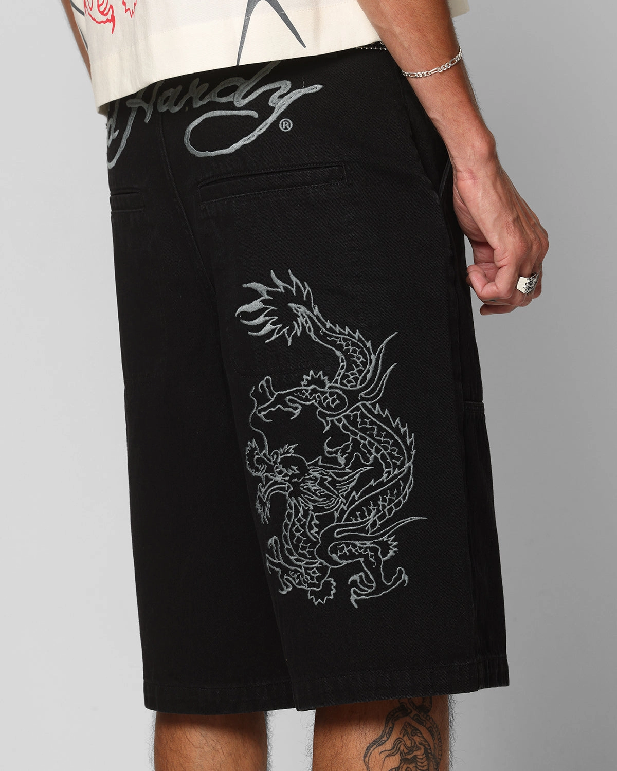 Ed Hardy Dragon Jorts Black Leather shorts Printed Pattern