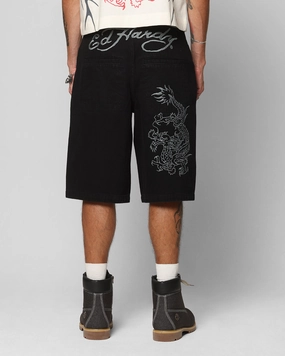 Ed Hardy Dragon Jorts Black Reinforced Hemlines