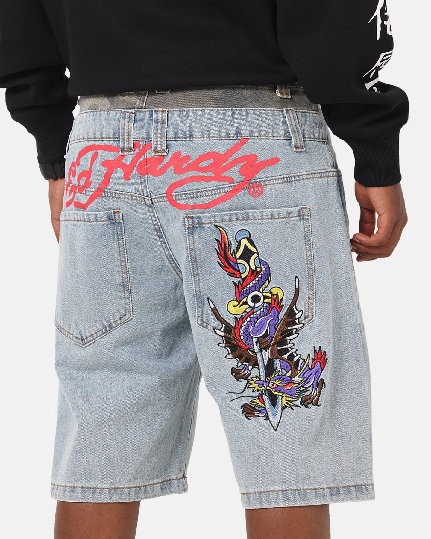 Ed Hardy Double Waist Camo Jorts Mid Blue Denim Clean Fabric Solid Color