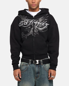 Skiing Slide Ed Hardy Eagle Rhinestone Zip Hoodie Black