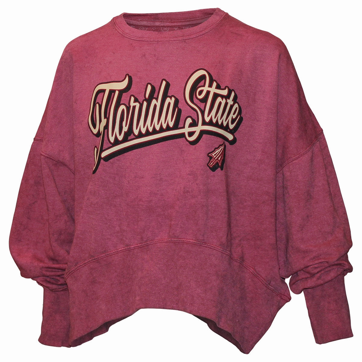 Regulation - following Odor Control Nanotechnology Pressbox Women's Florida State Arrowhead Design Sun Washed Dolman Sleeve Crew Sweatshirt - Garnet