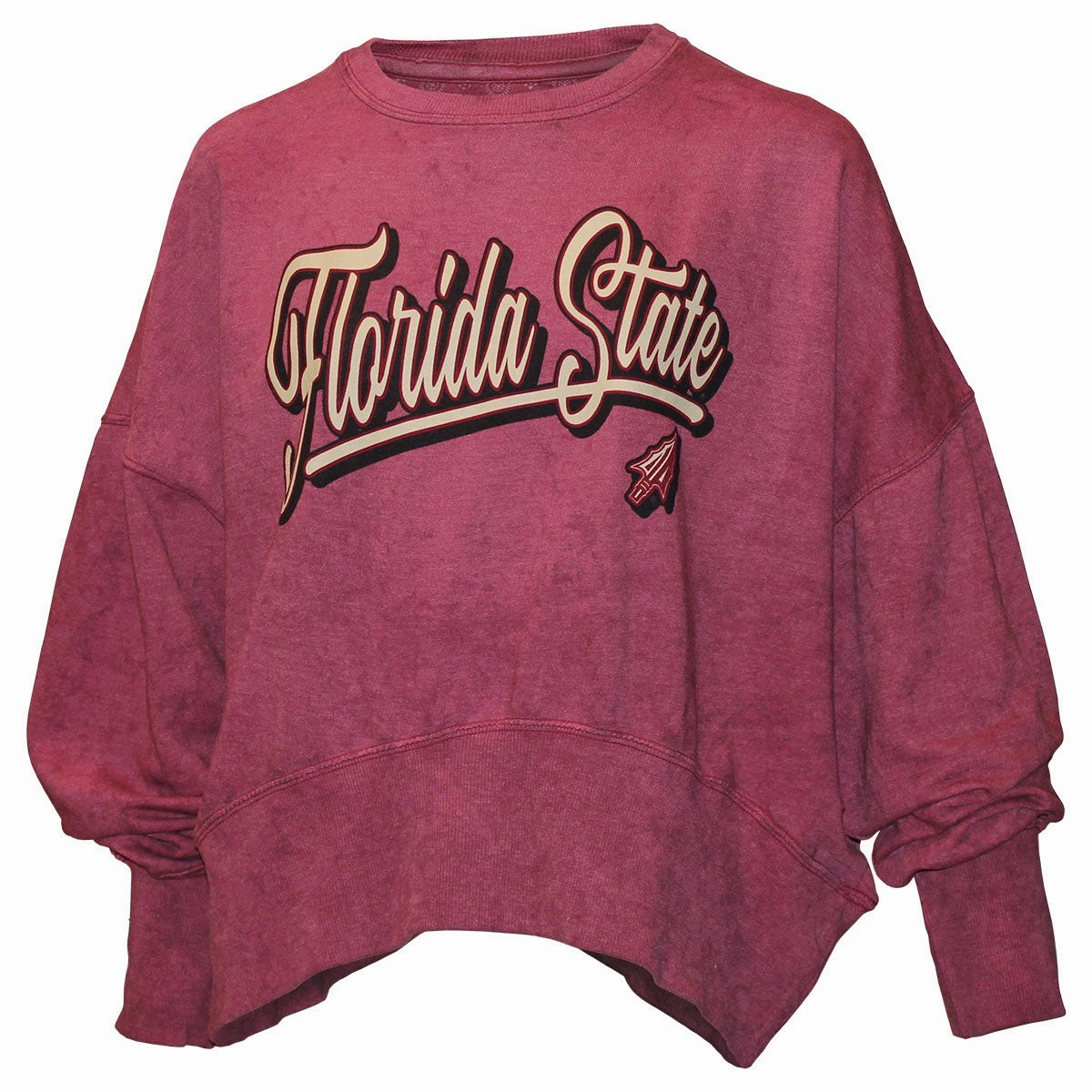 Moisture Management Pressbox Women's Florida State Arrowhead Design Sun Washed Dolman Sleeve Crew Sweatshirt - Garnet