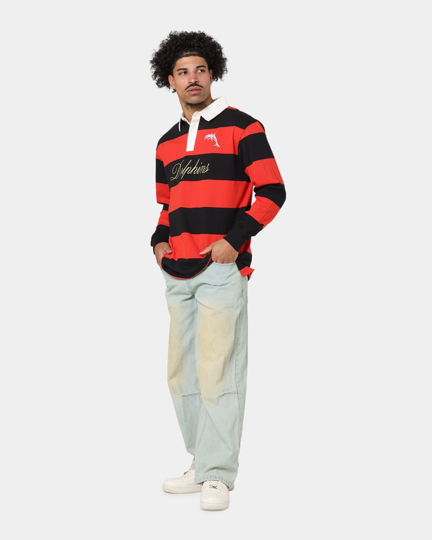 Bleacher Athletic Dolphins NRL Stripe Rugby Polo Shirt Official Team Colour Relaxed Neckline Summer Golf
