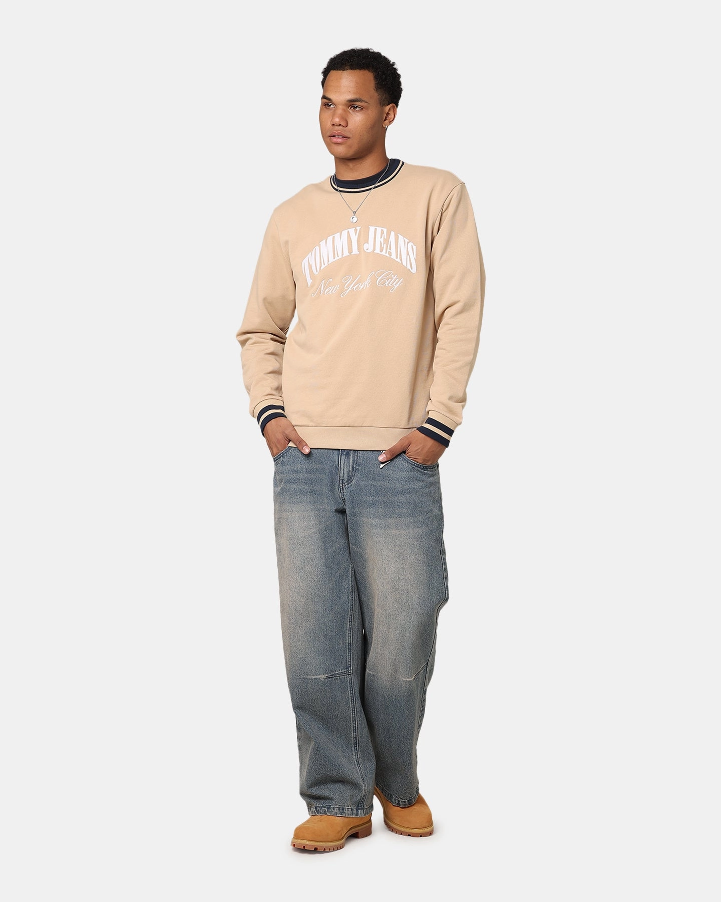 Modular Layering Compatibility Cool Season Tommy Jeans TJM Reg Tipping Varsity Crewneck Tawny Sand
