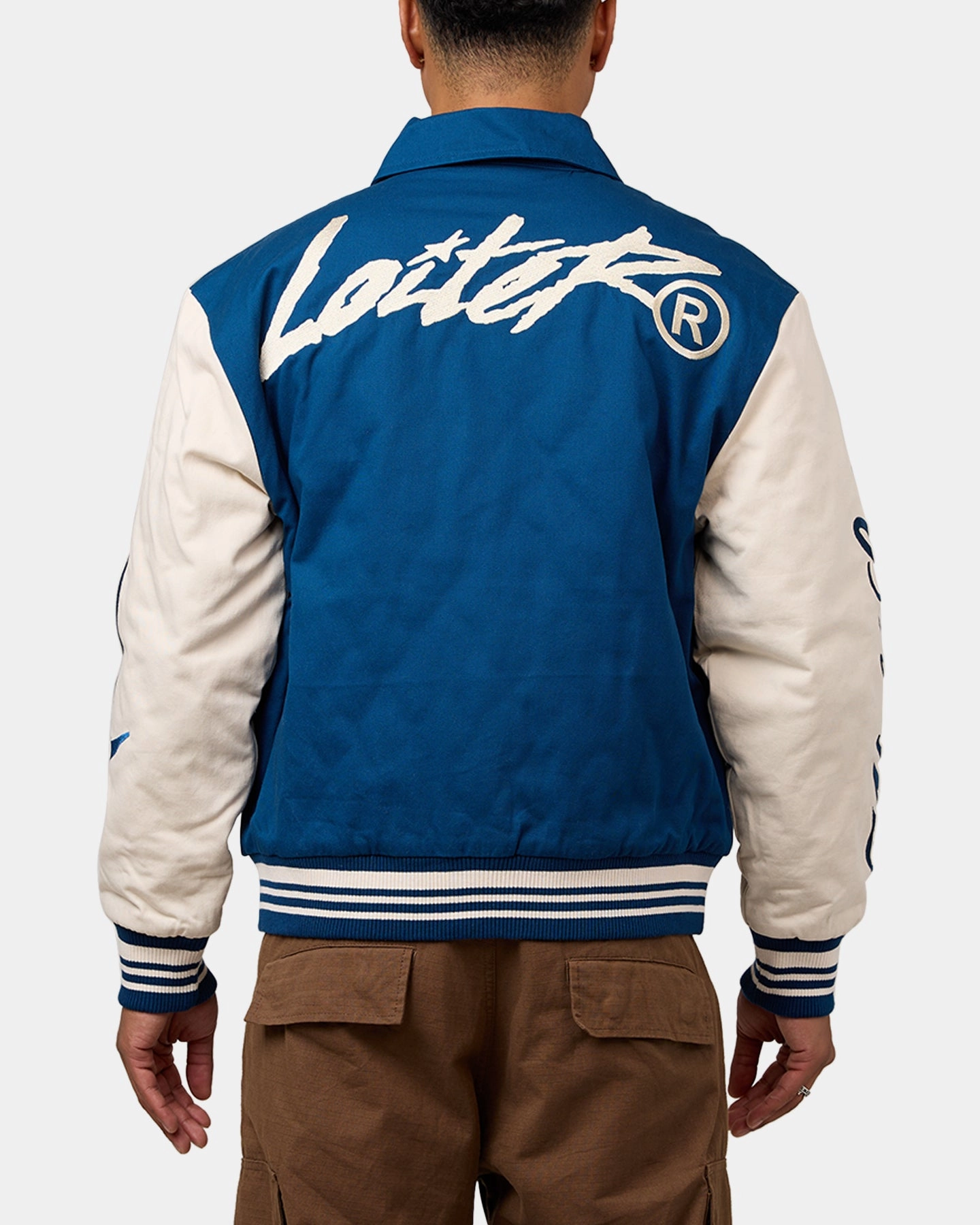 Loiter World Series Varsity Jacket Dark Blue Drop Hem