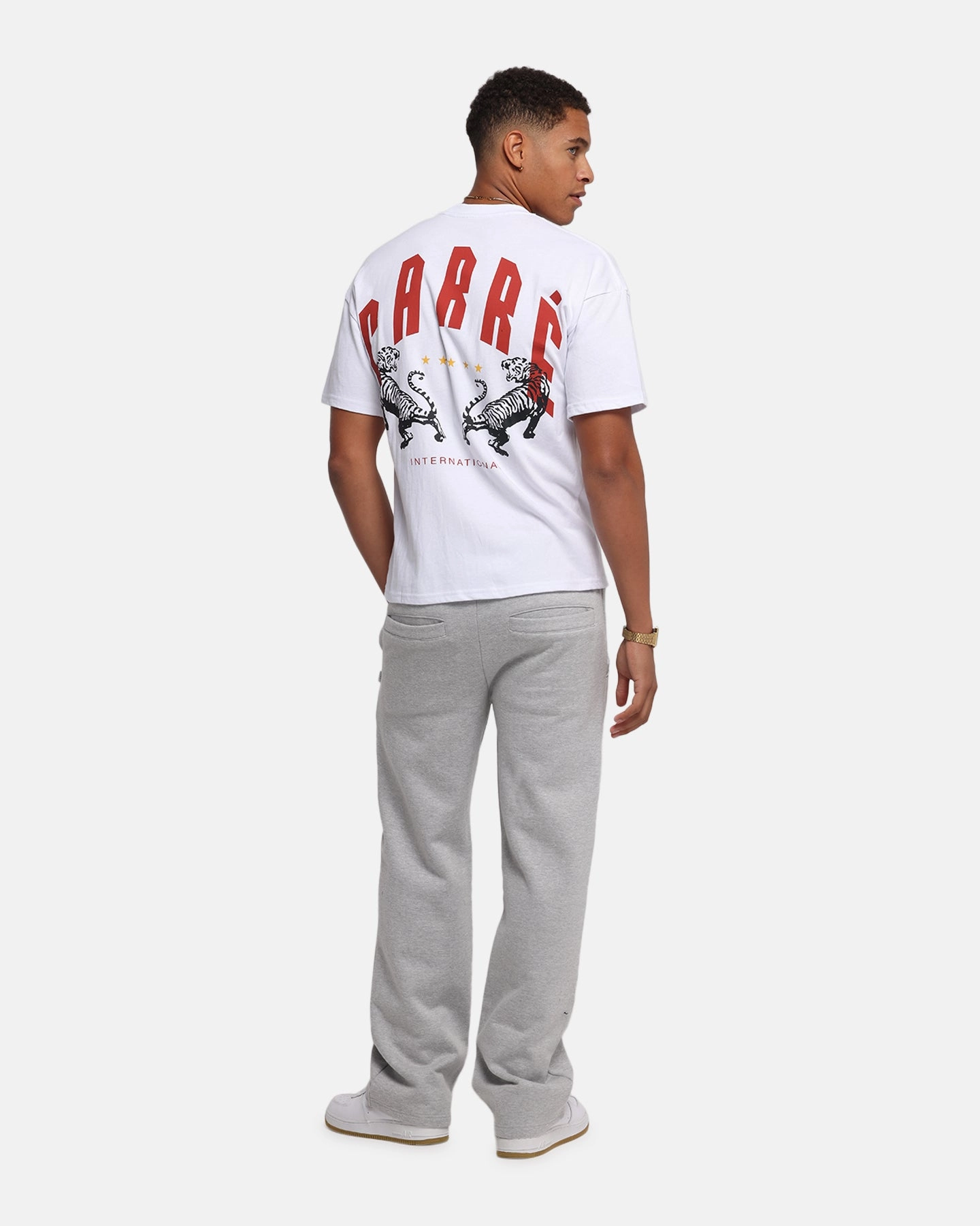 Street Comfort Style Ribbed Collar Design Carre Tiger Glow T-Shirt White