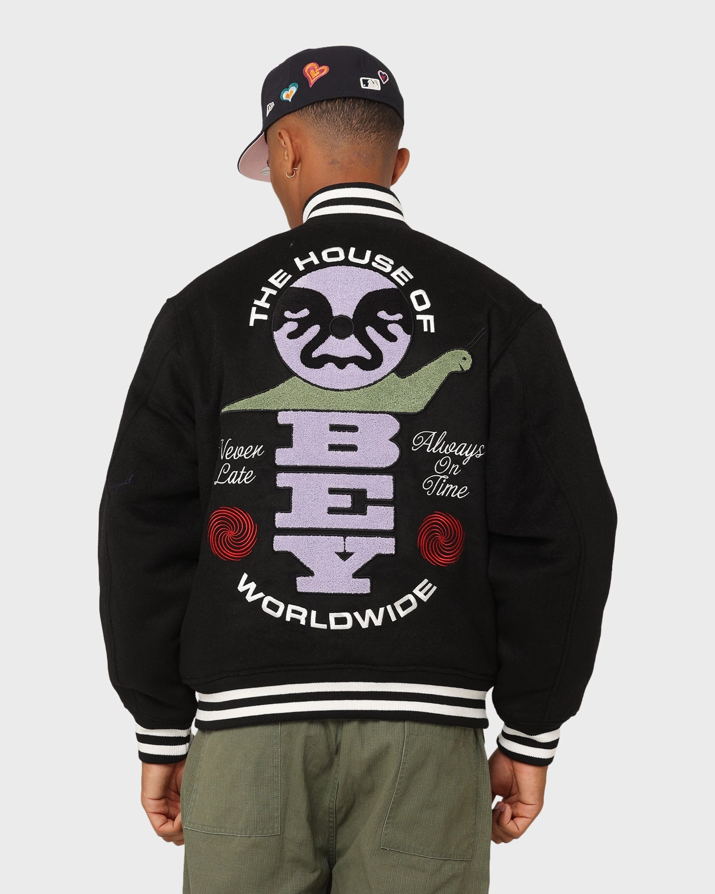 Rugged Outer Shell Withstand Obey Time Varsity Jacket Black