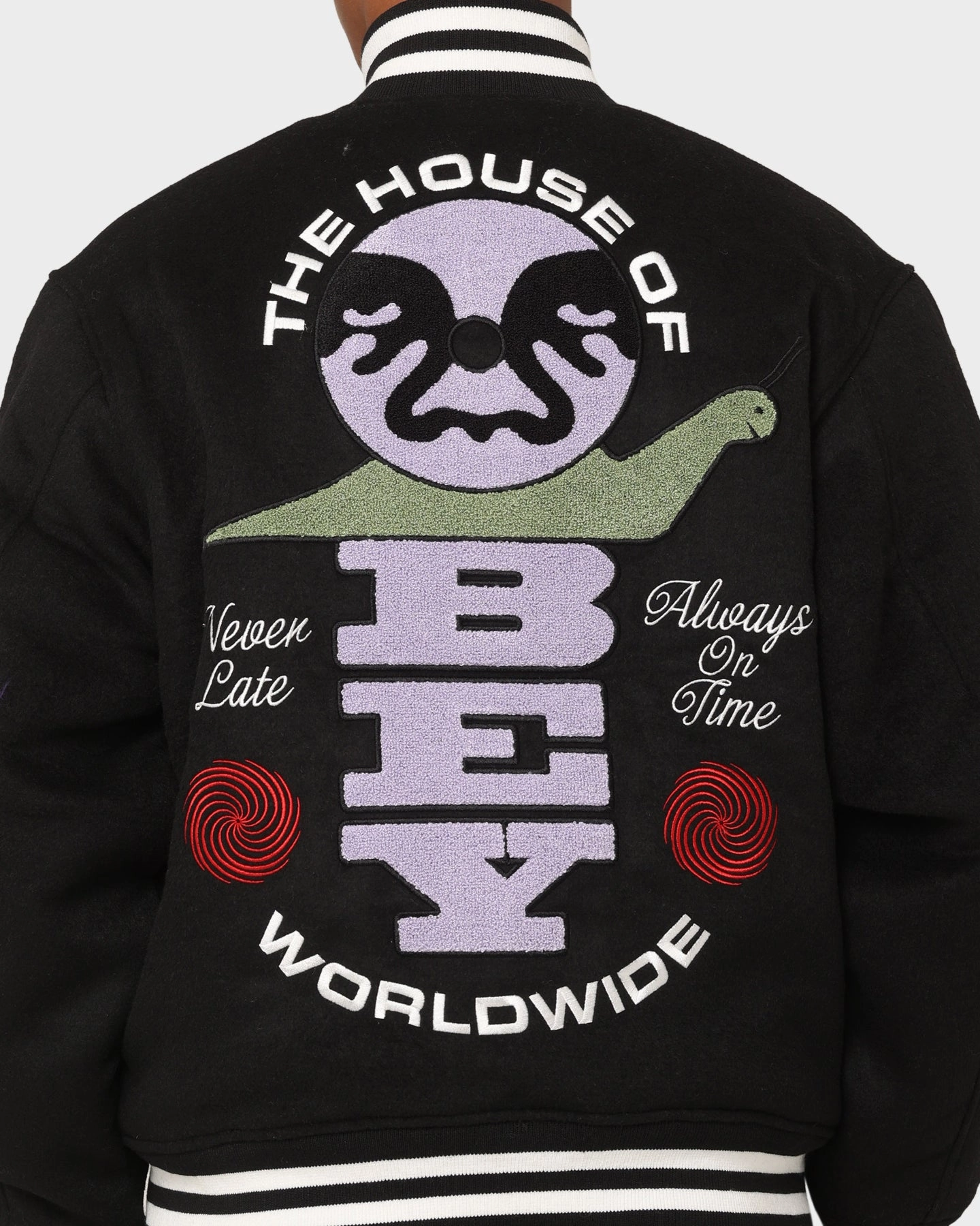 suitable for mountain hikes Embroidered Obey Time Varsity Jacket Black