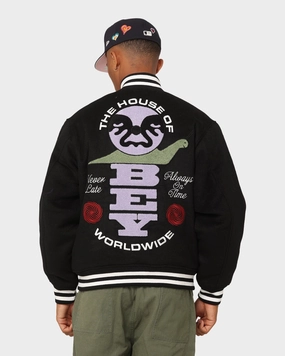 Rugged Outer Shell Withstand Obey Time Varsity Jacket Black