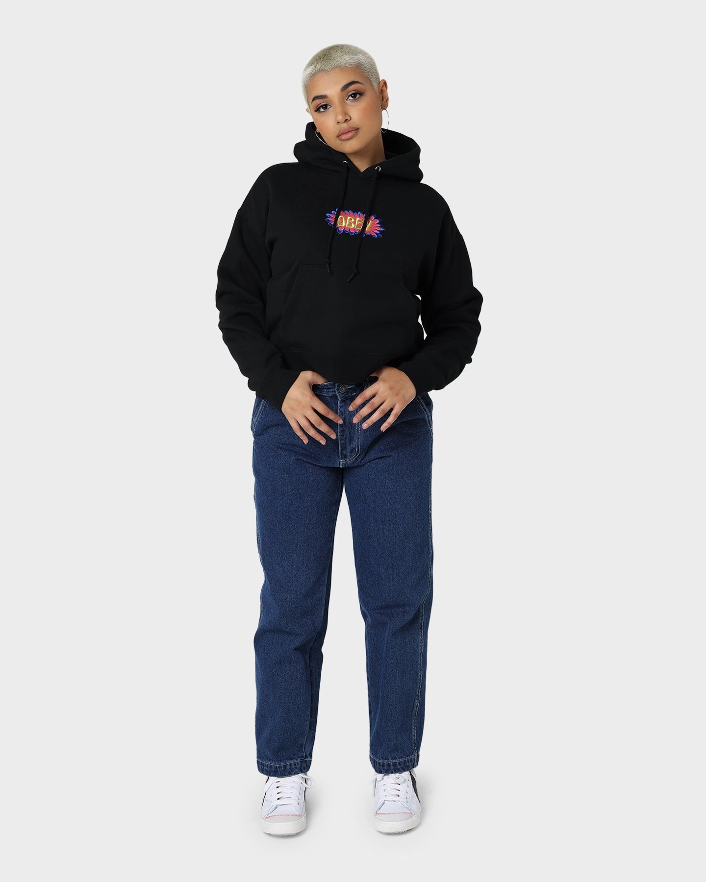 Obey Women's Bubble Cropped Hoodie Black Layered Security Pockets