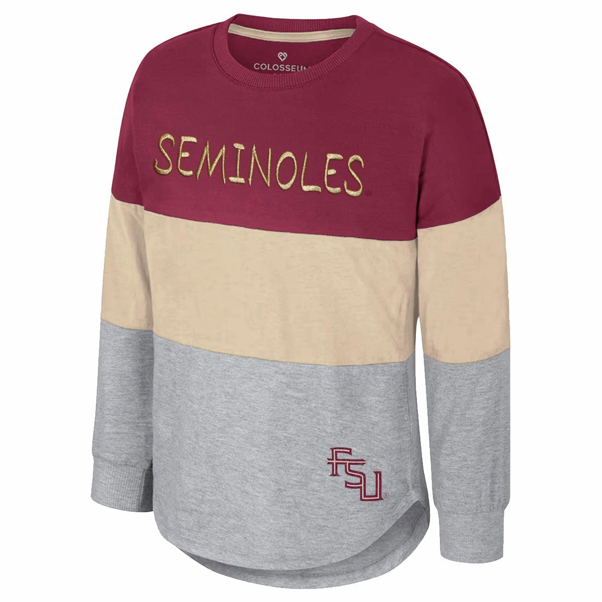 Colosseum Youth Girl's Seminoles Long Sleeve Color Block T-shirt - Garnet/Gold/Grey Cozy Essentials