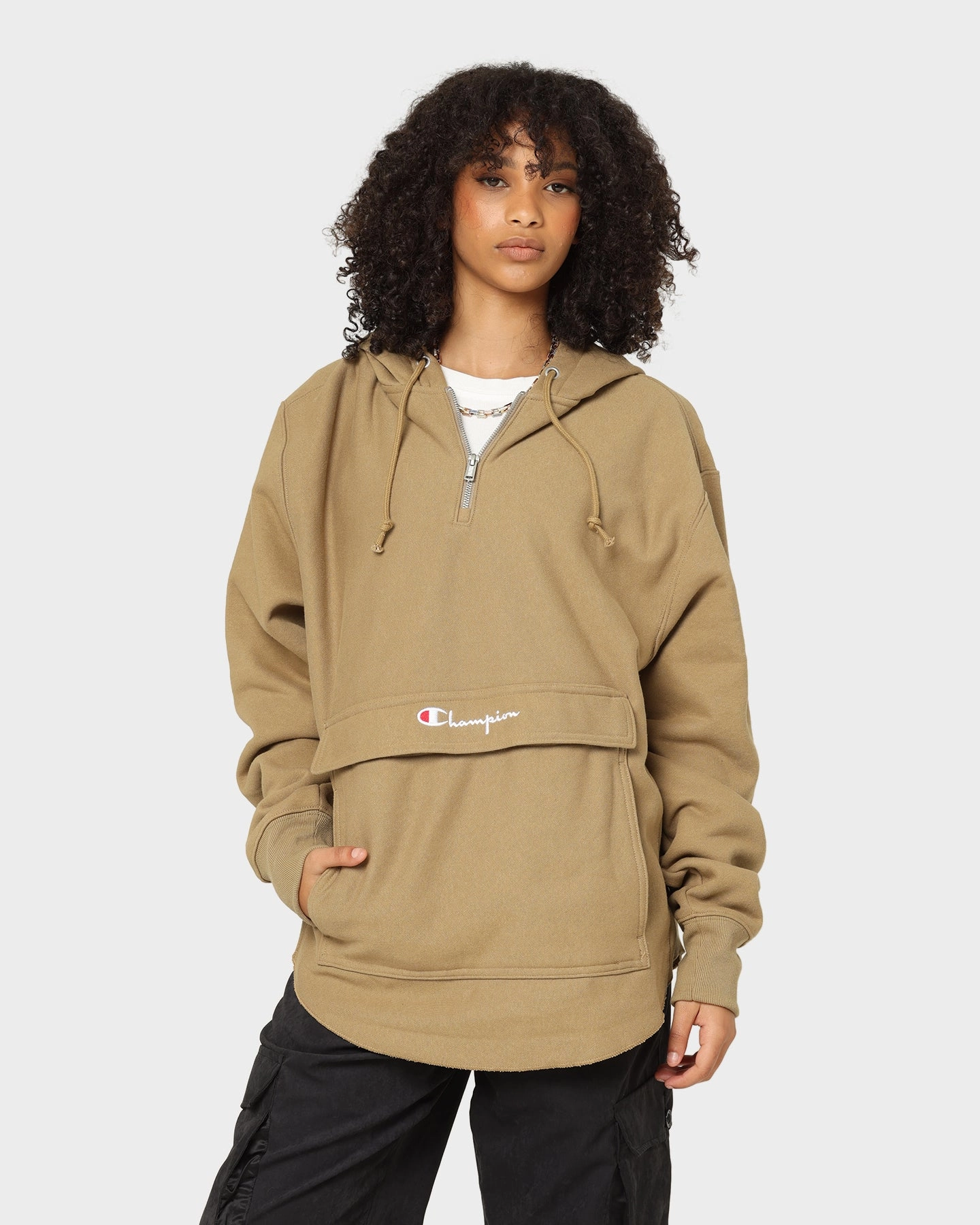 Champion Reverse Weave Boxy Anorak Hoodie Whole Wheat Khaki Foldable Collar Triumph