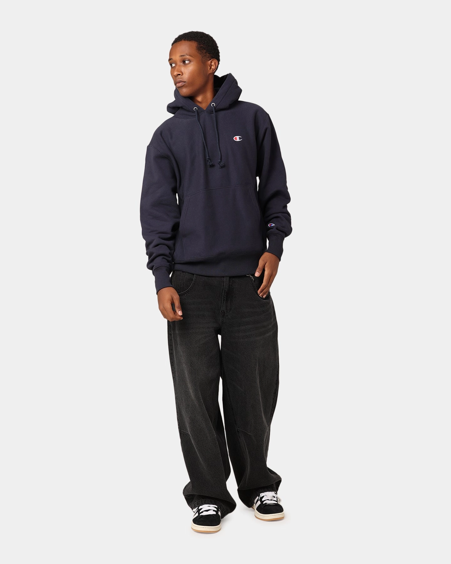 Champion Reverse Weave Small C Hoodie Navy Bonded Shoulder Guards